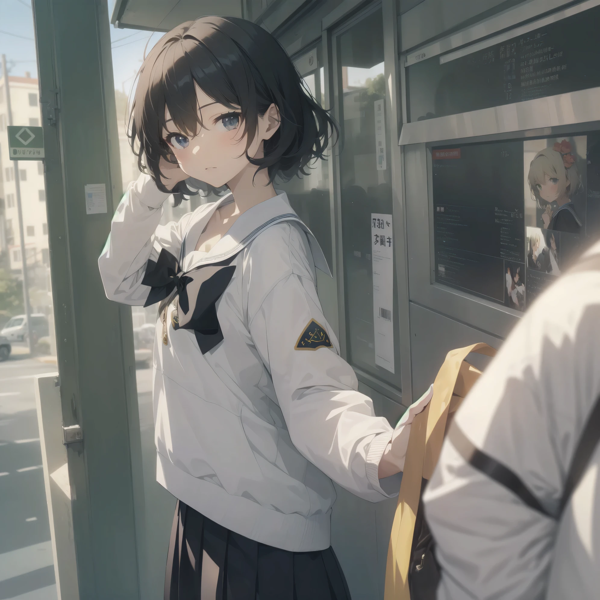 ultra-absurdres-Top quality by artist God, ultra-detailed, high resolution, anime moe artstyle, best anime 8k konachan wallpaper, pixiv contest winner, pool:2810, perfect anatomy,break, 1girl, (Please draw a girl walking sleepily to school alone. )break,(Solo,little female, 13-year-old:1.3),Full limbs, complete fingers,a junior high school student, (very short hair), short cut, flat chest, , small butt, small black eyes, beautiful detailed eyes, well-proportioned iris and pupils, expressive eyes, highres detailed hair, soft expression, salor school_uniform, sailor collar, serahuku, bow, pleated skirt,(Detailed Lighting), (Detailed background), in the School commute route. break,super detailed skin, Best cinematic lighting powered by famous artist, 8k,beauty illustration,photoshop_(medium),very aesthetic,break,((artist:belko )), artist:clamp ,artist:carnelian ,artist:kantoku ,