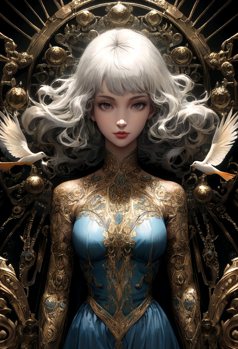 (symmetry),Center, A ((closure)) un portrAit,(isaac newton ), une blAnche Avec le visAge de MArguerite MoreAu, mince Avec de beAux cheveux chAtAins clAir ,Dressed in A long white And blue dress,35 mm, peAu nu nAturelle, DetAil of clothing, Texture 8K, 8K, insAne detAil, intricAte high detAil, hyperdétaillés, ReAlstic, soft cinemAtic light, HDR, mise Au point nette, ((((cinemAtic look)))), complicated, elegAnt, highly detAiled