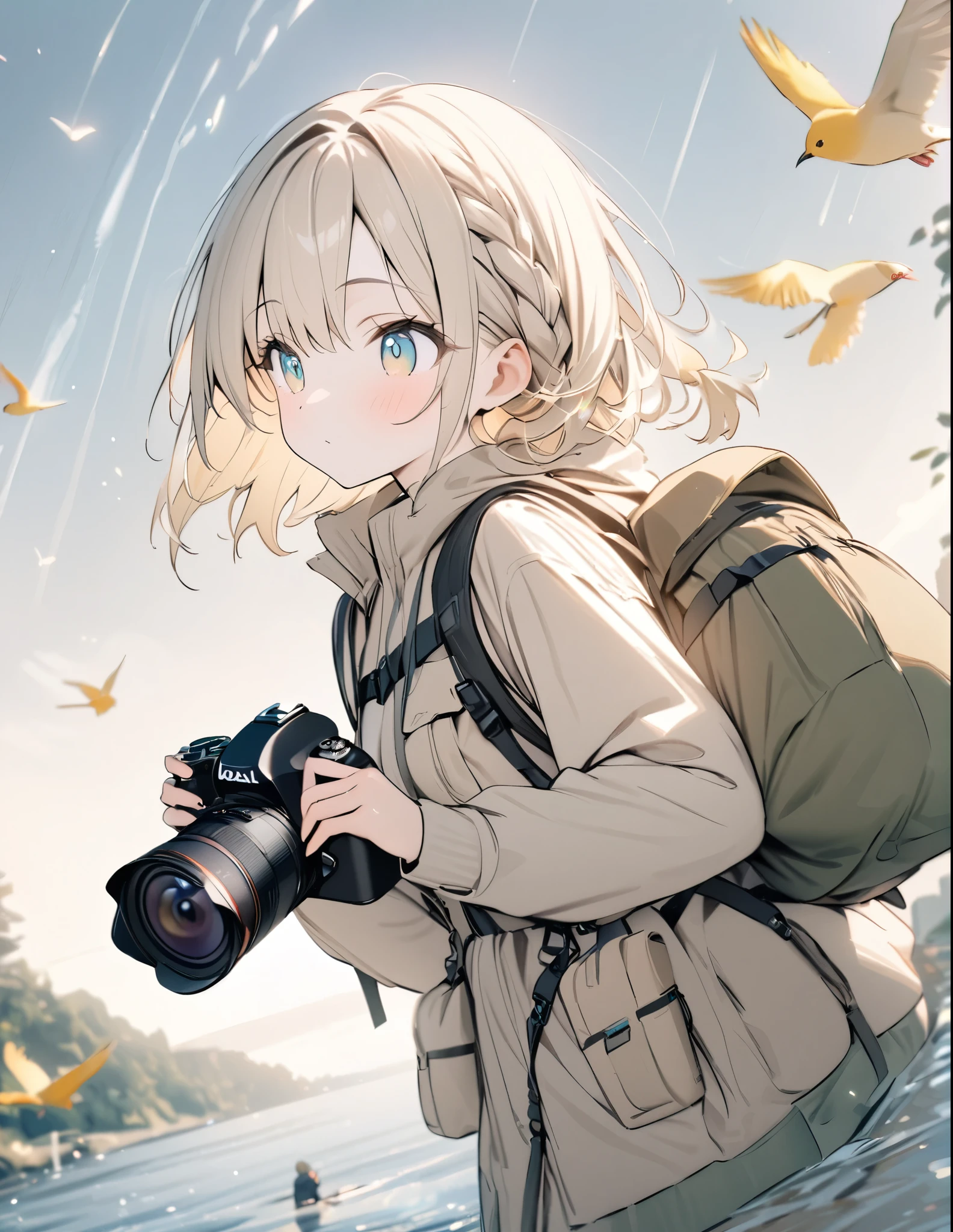 ((pale colour)),35mm, f/1.2, UHD, high details, best quality, highres, masterpiece、Blonde、Shortcuts、Emerald Eyes、cute、Braid、Taking pictures of the scenery with a camera、Girl Holding Camera、Hiking Clothing、Ruck sack、Light effects、Glittering rivers、birdie、Look forward