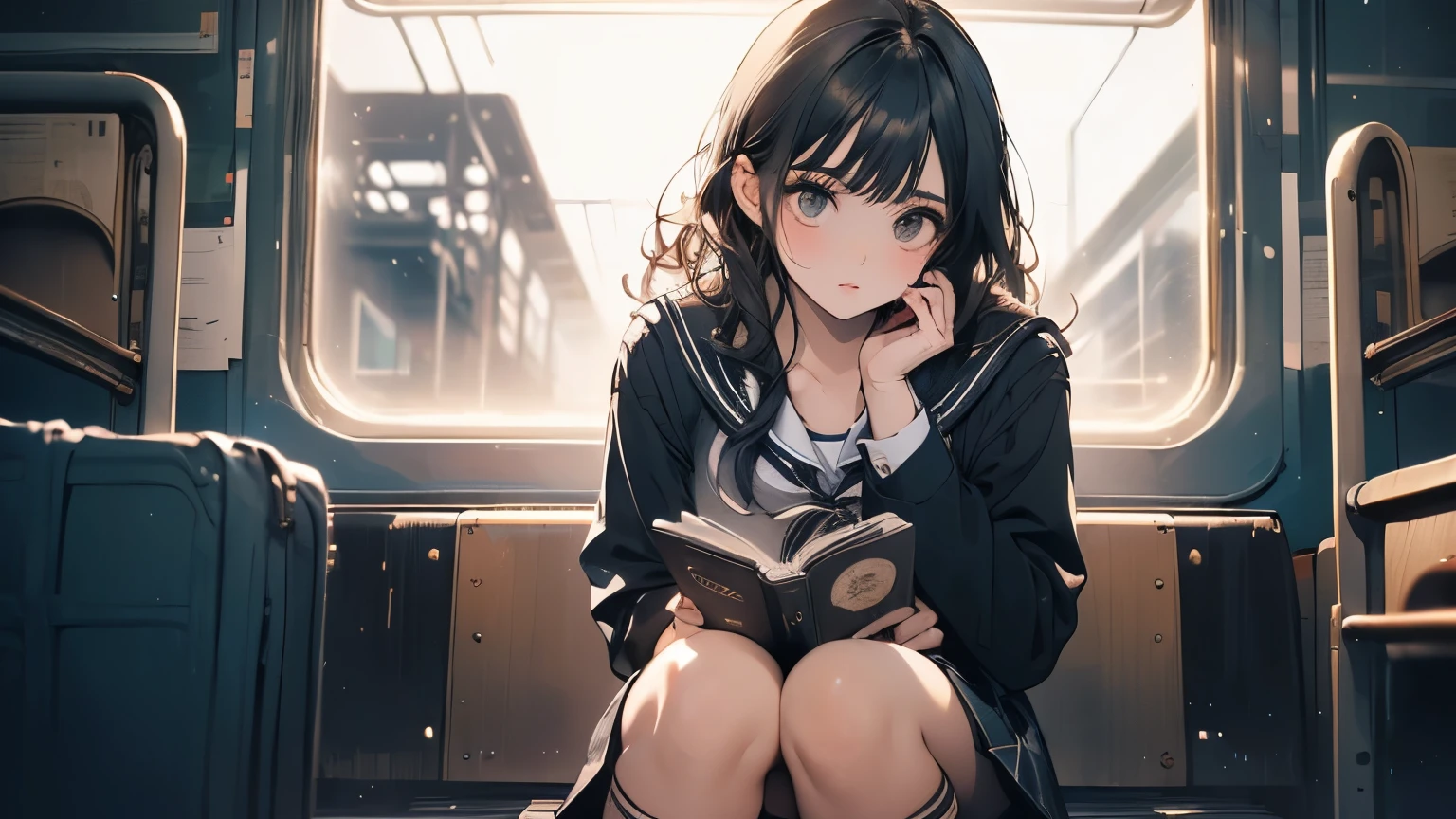 ((Beautiful girl:1.5),High resolution, highest quality),Wearing a sailor uniform,Super detailed, Big bright eyes, dark and brilliant curly hair, Sad look, Rosy Cheeks, Soft Light, Pure white background. riding a train,Reading a book,whole body,Attractive legs,whole body