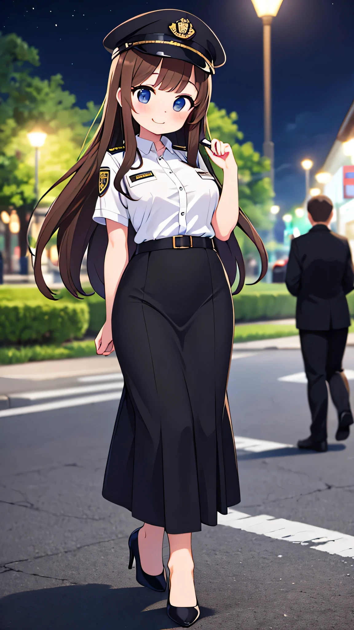 {highest quality], [Super beautiful], [Ultra fine], [Best illustration], NSFW,Brown Hair, Hime cut, Long Hair, With bangs, girl, Uniform cap,Security uniform, smile, blush, Slender women,Short sleeve,Long straight skirt, Adult women,walk,(Public）Night Park, diagonal,Bare feet and pumps, Plain black pumps
