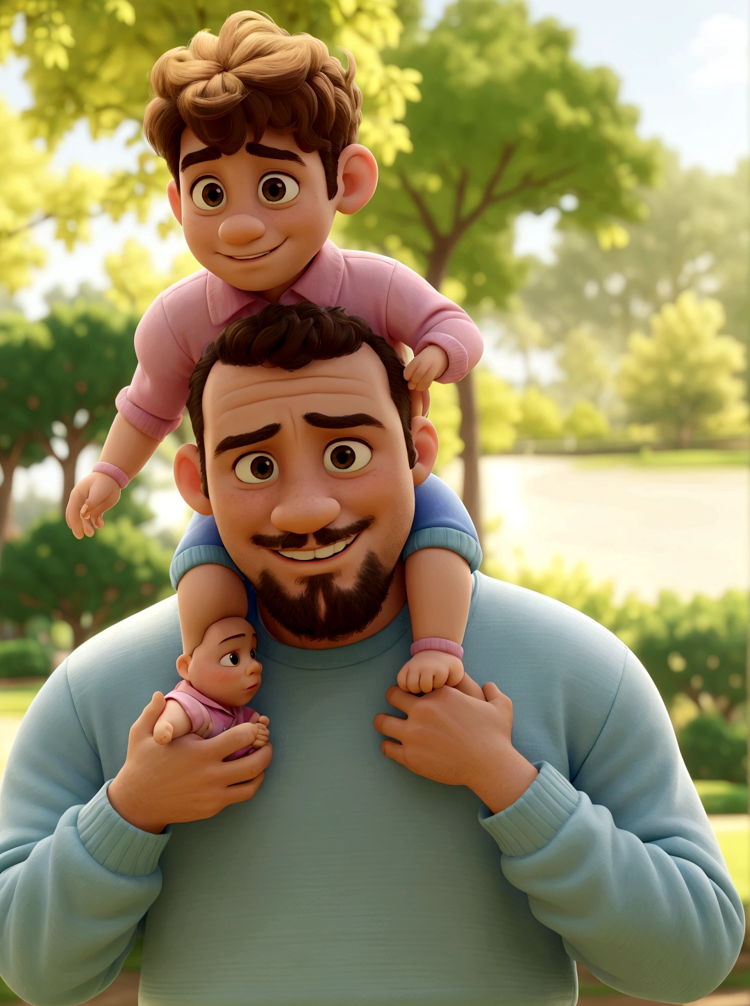 arafed man holding a baby on his shoulders in a park, father with , caring fatherly wide forehead, at the park, father, with a toddler, baby has curly hair and baby is smiling wide daddy/fatherly, portrait image, mixed art, advertising photo, on a sunny day, beautiful man, bright sunny day, celebrating, at the park on a beautiful day