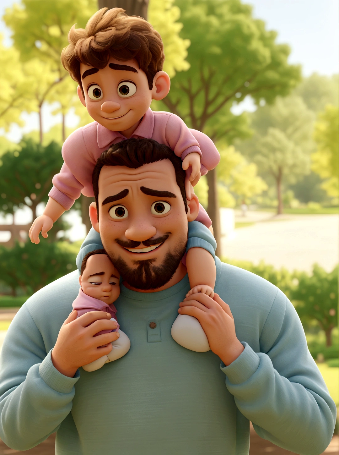arafed man holding a on his shoulders in a park, father with, caring fatherly wide forehead, father has fade haircut, he is wearing light green sweatshirt, baby is wearing a pink collar shirt with blue shorts, baby wearing white shoes, father holding kid's shoes, kid is on fathers shoulder waving his both arms, kid features are like a baby at the park, father, with a cute kid, daddy/fatherly, portrait image, on a sunny day, beautiful man, bright sunny day, celebrating, at the park on a beautiful day