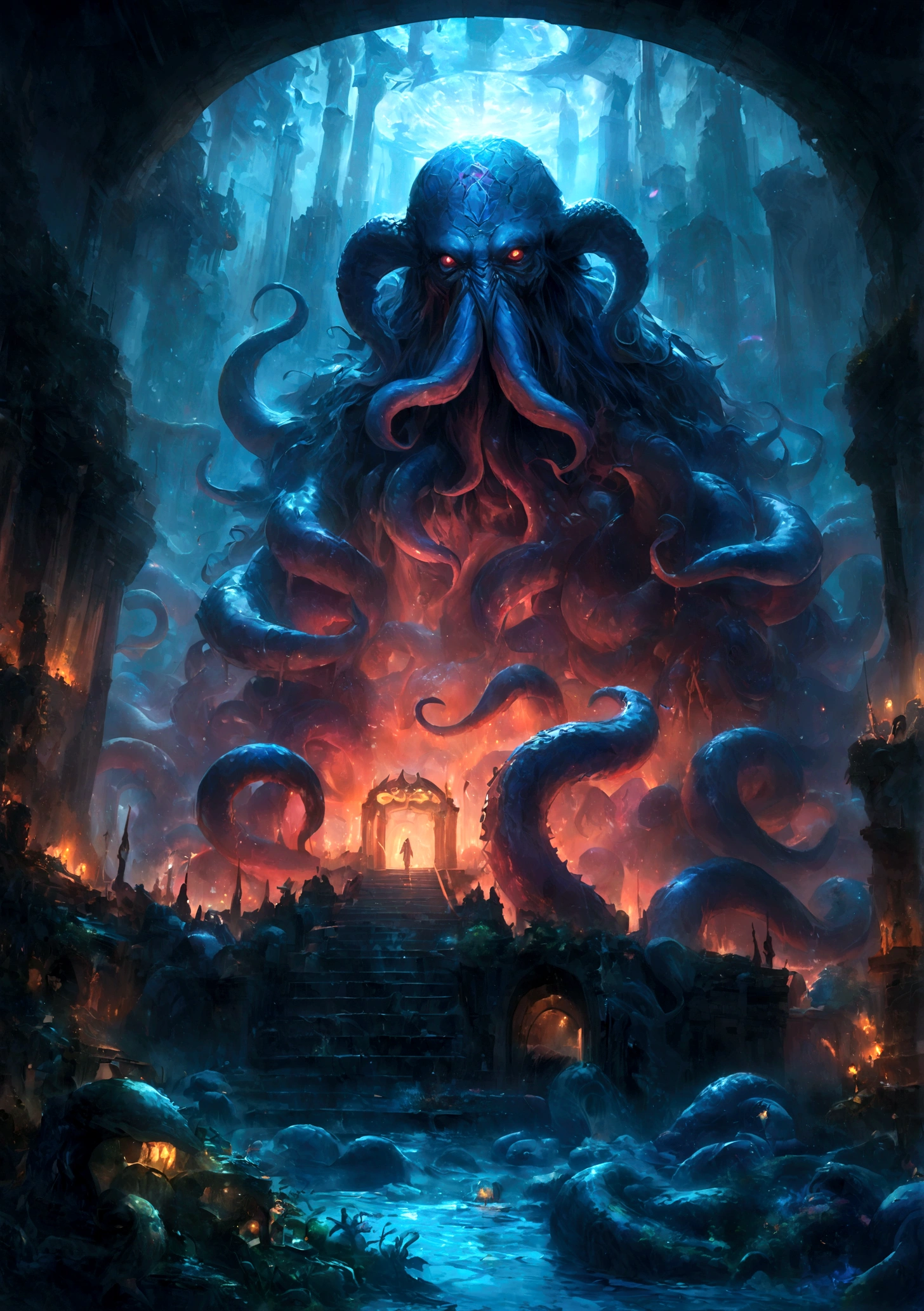 Cthulhu, mythical creature, tentacles, deep sea, darkness, mysterious, ancient, ruins, mystical symbols, mysterious glow, underwater palace,illustration,oil painting,highres,masterpiece:1.2,ultra-detailed, HDR,studio lighting,extreme detail description,professional,horror,realistic,vivid colors,deep blue tones, mysterious lighting