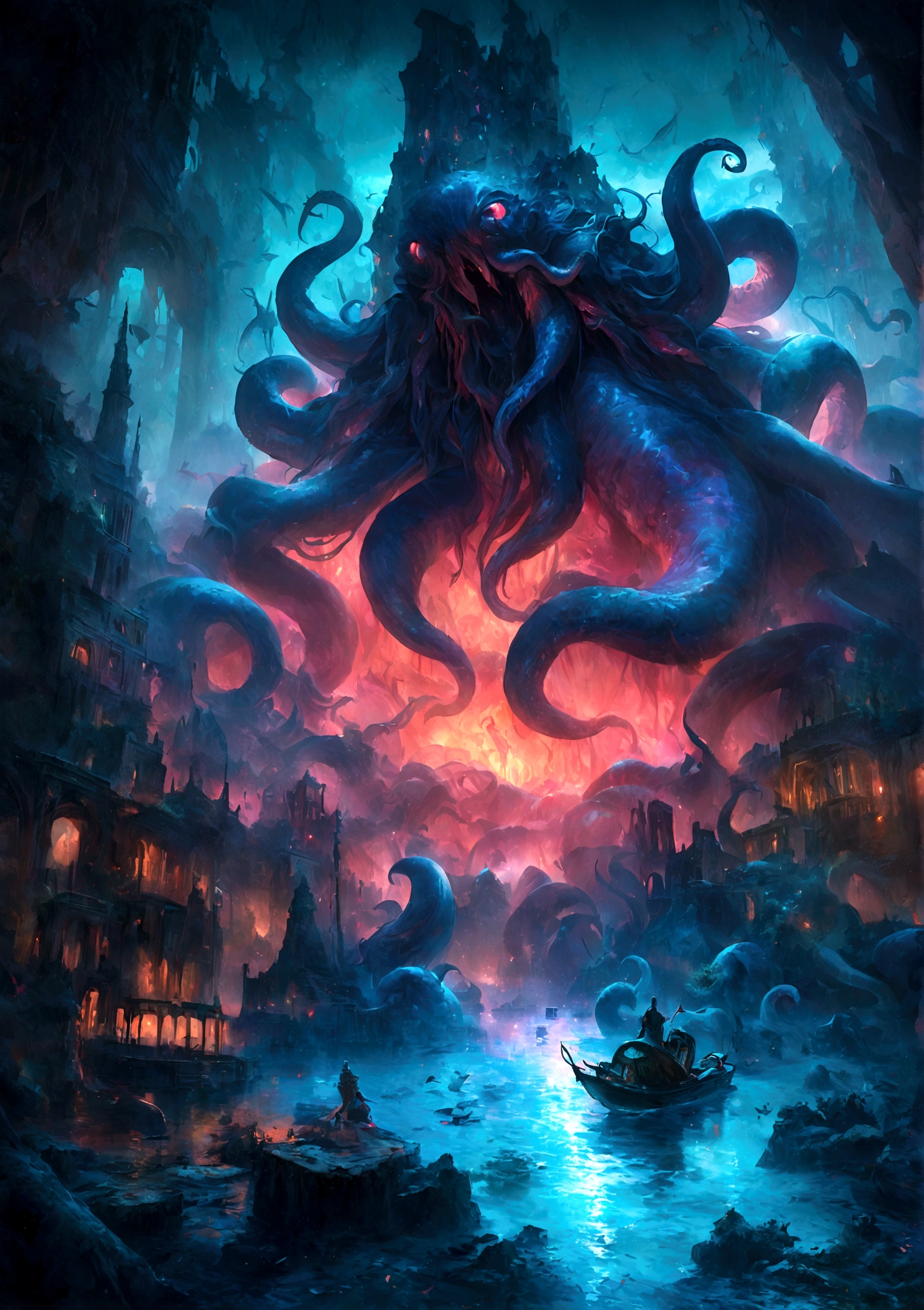 Cthulhu, mythical creature, tentacles, deep sea, darkness, mysterious, ancient, ruins, mystical symbols, mysterious glow, underwater palace,illustration,oil painting,highres,masterpiece:1.2,ultra-detailed, HDR,studio lighting,extreme detail description,professional,horror,realistic,vivid colors,deep blue tones, mysterious lighting
