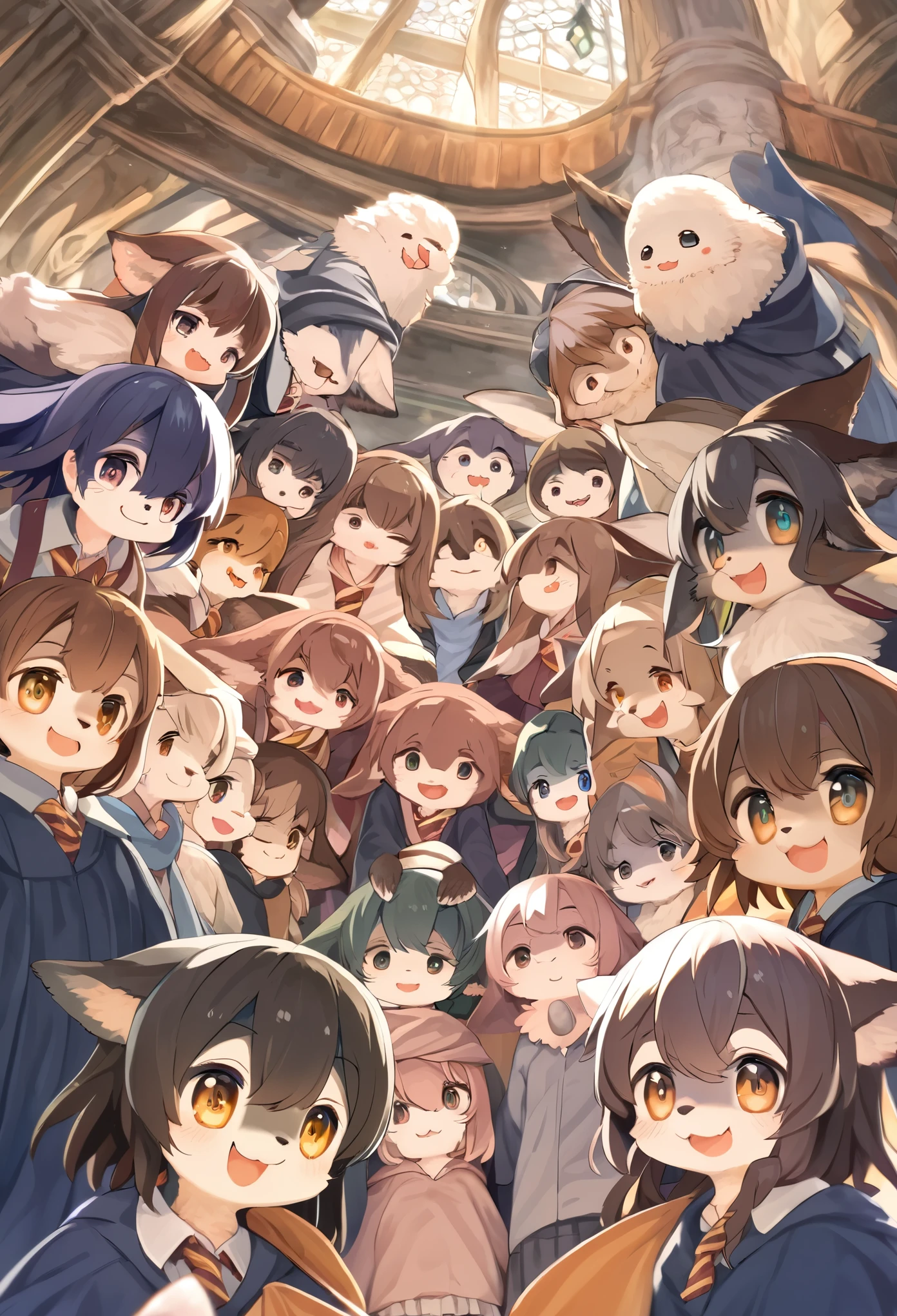 dynamic angle, top quality, best quality, High-quality illustrations, masterpiece, super high resolution, detailed background, detailed background, Harry Potter series, group shot:0.1, 6+boys, 6+girls, Happy, joyful, absurdres(highly detailed beautiful face and eyes)perfect anatomy(kemono, furry anthro),