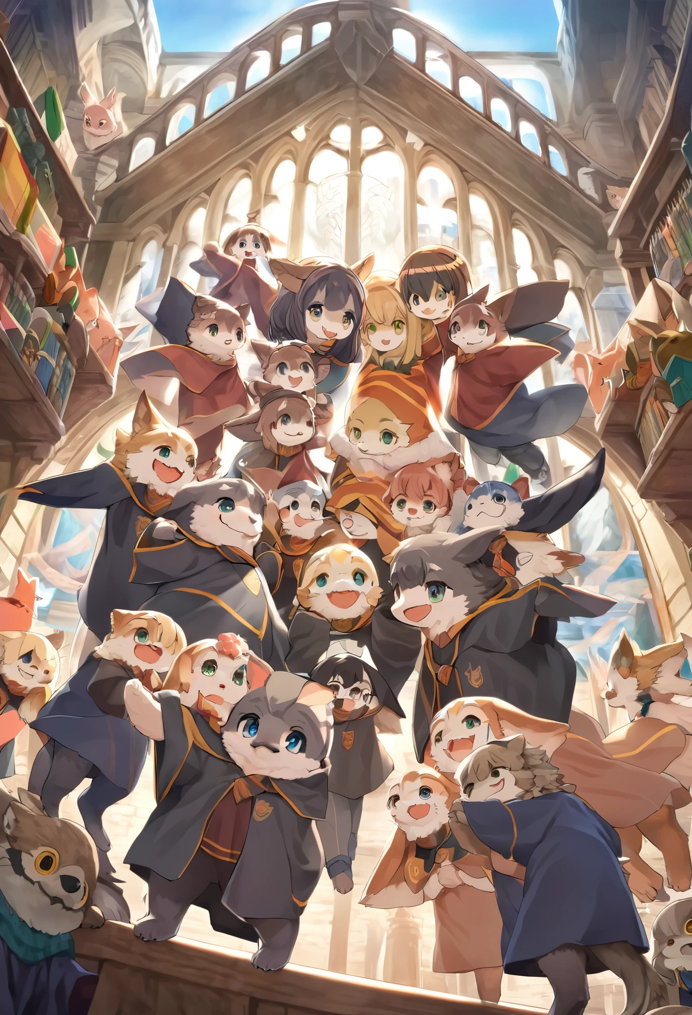 dynamic angle, top quality, best quality, High-quality illustrations, masterpiece, super high resolution, detailed background, detailed background, Harry Potter series, group shot:0.1, 6+boys, 6+girls, Happy, joyful, absurdres(highly detailed beautiful face and eyes)perfect ???????(kemono, furry anthro),