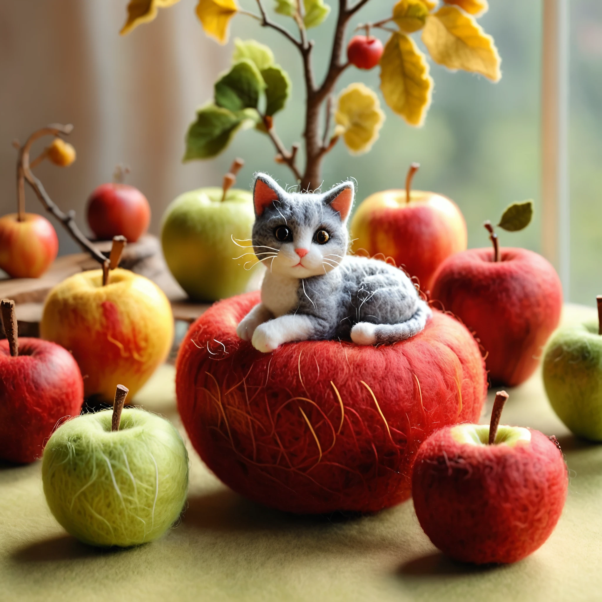 3D super detail, realistic color, soft lighting, soft tones, pastel colors,
Felted Cat in an apple, Felted cat play in an apple, Felted Apple, Felted Apple section, real table, apple on the table.