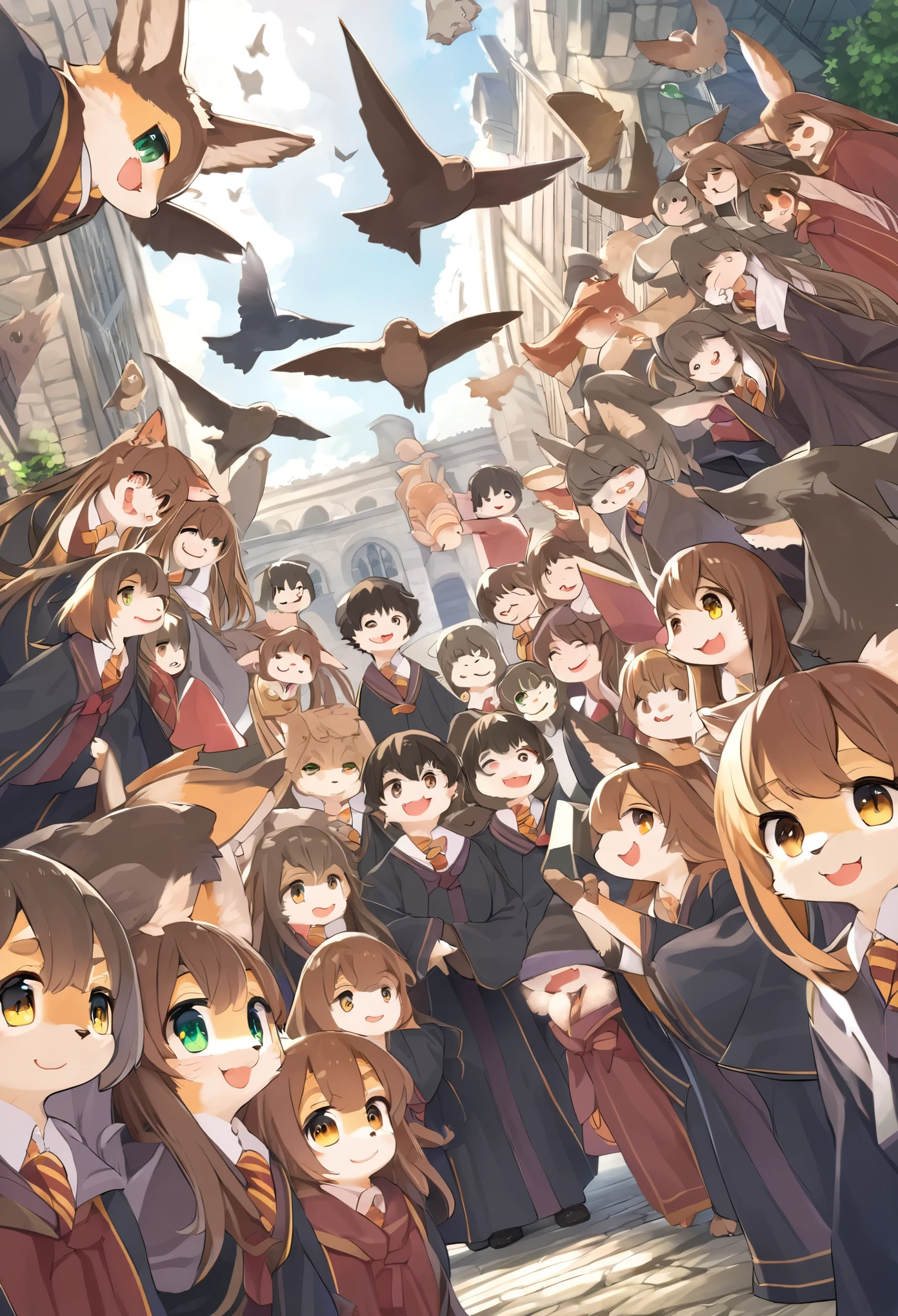 dynamic angle, top quality, best quality, High-quality illustrations, masterpiece, super high resolution, detailed background, detailed background, Harry Potter series, group shot:0.1, 6+boys, 6+girls, Happy, joyful, absurdres(highly detailed beautiful face and eyes)perfect anatomy(kemono, furry anthro),