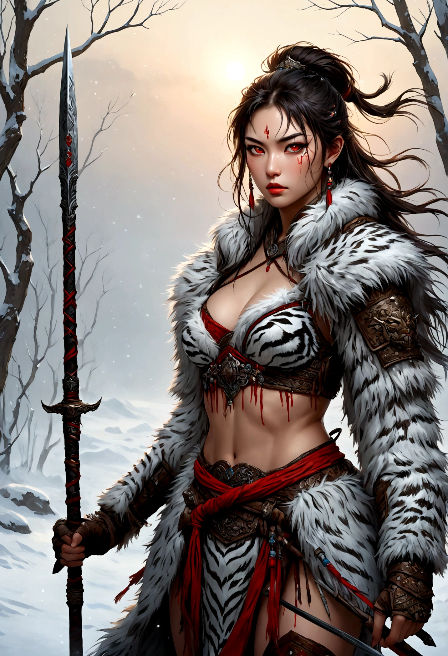 (best quality,4k,8K,high resolution,masterpiece:1.2),Very detailed,(actual,photoactual,photo-actual:1.37),Thick fur winter coat,Creative fusion of traditional Chinese design patterns and contemporary elements, High Ponytail，There is blood on the face，Red paint， Strong expression, Full of energy, Sharp eyes, 1 warrior, Handsome face, Tiger beast, Epic Fantasy Character Art, wearing intricate fur armor, Luis Royo (Luis Royo) style, Northern female warrior holding a spear, HDR, Ultra high quality, Studio Lighting, Ultra-fine, Be focused, Physically Based Rendering, Very detailed的描述, professional, Vibrant colors, Bokeh, portrait, landscape