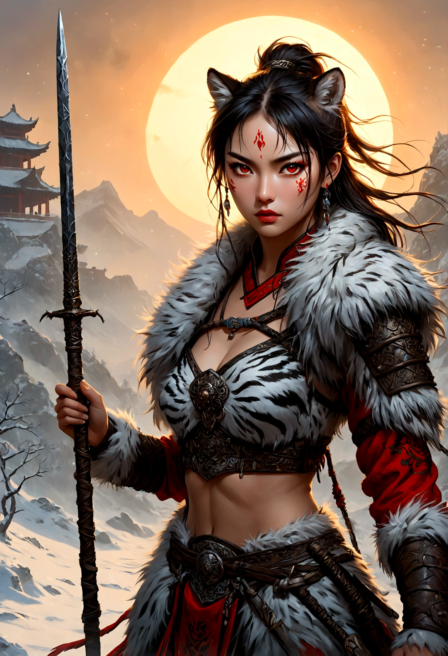 (best quality,4k,8K,high resolution,masterpiece:1.2),Very detailed,(actual,photoactual,photo-actual:1.37),Thick fur winter coat,Creative fusion of traditional Chinese design patterns and contemporary elements, High Ponytail,There is blood on the face,Red paint, Strong expression, Full of energy, Sharp eyes, 1 warrior, Handsome face, Tiger beast, Epic Fantasy Character Art, wearing intricate fur armor, Luis Royo (Luis Royo) style, Northern female warrior holding a spear, HDR, Ultra high quality, Studio Lighting, Ultra-fine, Be focused, Physically Based Rendering, Very detailed的描述, professional, Vibrant colors, Bokeh, portrait, landscape