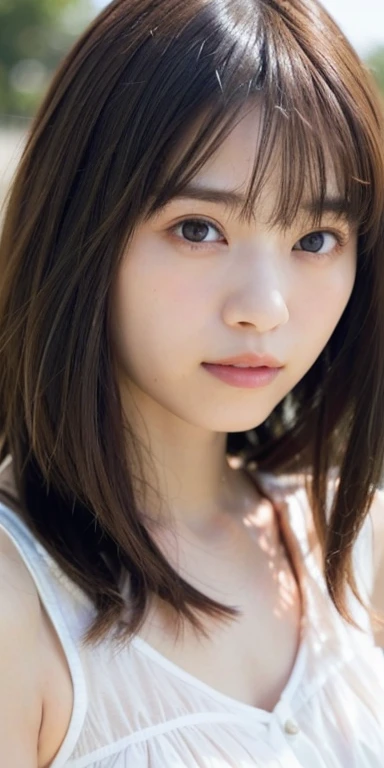 (RAW Photos, highest quality), (Realistic, Photorealistic:1.3), Tabletop, Very delicate and beautiful, Soft Light, (Brown Hair, Long wavy hair swaying in the wind, Asymmetrical bangs), Beautiful detailed girl, (Detailed fingers), Highly detailed eyes and face, Beautifully detailed nose, Beautiful fine details, 1 girl, Japanese, Pure beauty, cute, young, smile, Naked beautiful girl、Small breasts、Flat Chest、Small nipples、Beautiful nipples、Small areola、Heterochromia iridis、Realistic face, Realistic body, Outdoor