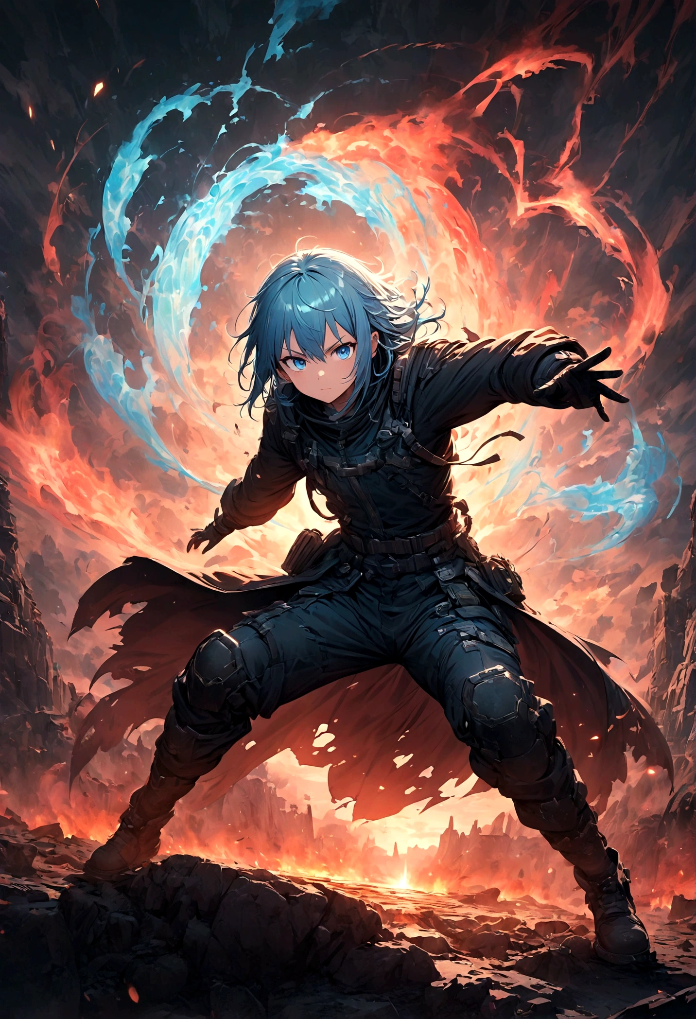 rimuru tempest,Create an action-packed battle scene featuring rimuru tempest from the manga and anime 'That Time I Got Reincarnated as a Slime'. Rimuru has blue hair and blue eyes, He wears stylish combat gear, such as a black coat and boots.. Capturing him in a dynamic fighting pose, You may cast powerful spells or face enemies., With a look of confidence and determination. The background depicts a magnificent battlefield from a fantasy world., Filled with magical effects and war-torn landscapes. Include intense special effects such as light explosions, Energy Wave, And the wind accentuates his magical powers. Highlighting his aura and shapeshifting abilities, Body parts that show slime form. The scene must convey the intensity and drama of an epic battle..,(masterpiece:1.3),(highest quality:1.4),(Super detailed:1.5),High resolution,Very detailed,unity 8k wallpaper,
