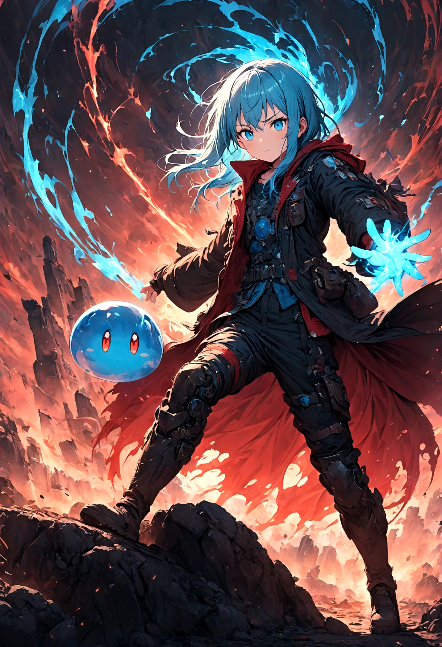 rimuru tempest,Create an action-packed battle scene featuring rimuru tempest from the manga and anime 'That Time I Got Reincarnated as a Slime'. Rimuru has blue hair and blue eyes, He wears stylish combat gear, such as a black coat and boots.. Capturing him in a dynamic fighting pose, You may cast powerful spells or face enemies., With a look of confidence and determination. The background depicts a magnificent battlefield from a fantasy world., Filled with magical effects and war-torn landscapes. Include intense special effects such as light explosions, Energy Wave, And the wind accentuates his magical powers. Highlighting his aura and shapeshifting abilities, Body parts that show slime form. The scene must convey the intensity and drama of an epic battle..,(masterpiece:1.3),(highest quality:1.4),(Super detailed:1.5),High resolution,Very detailed,unity 8k wallpaper,