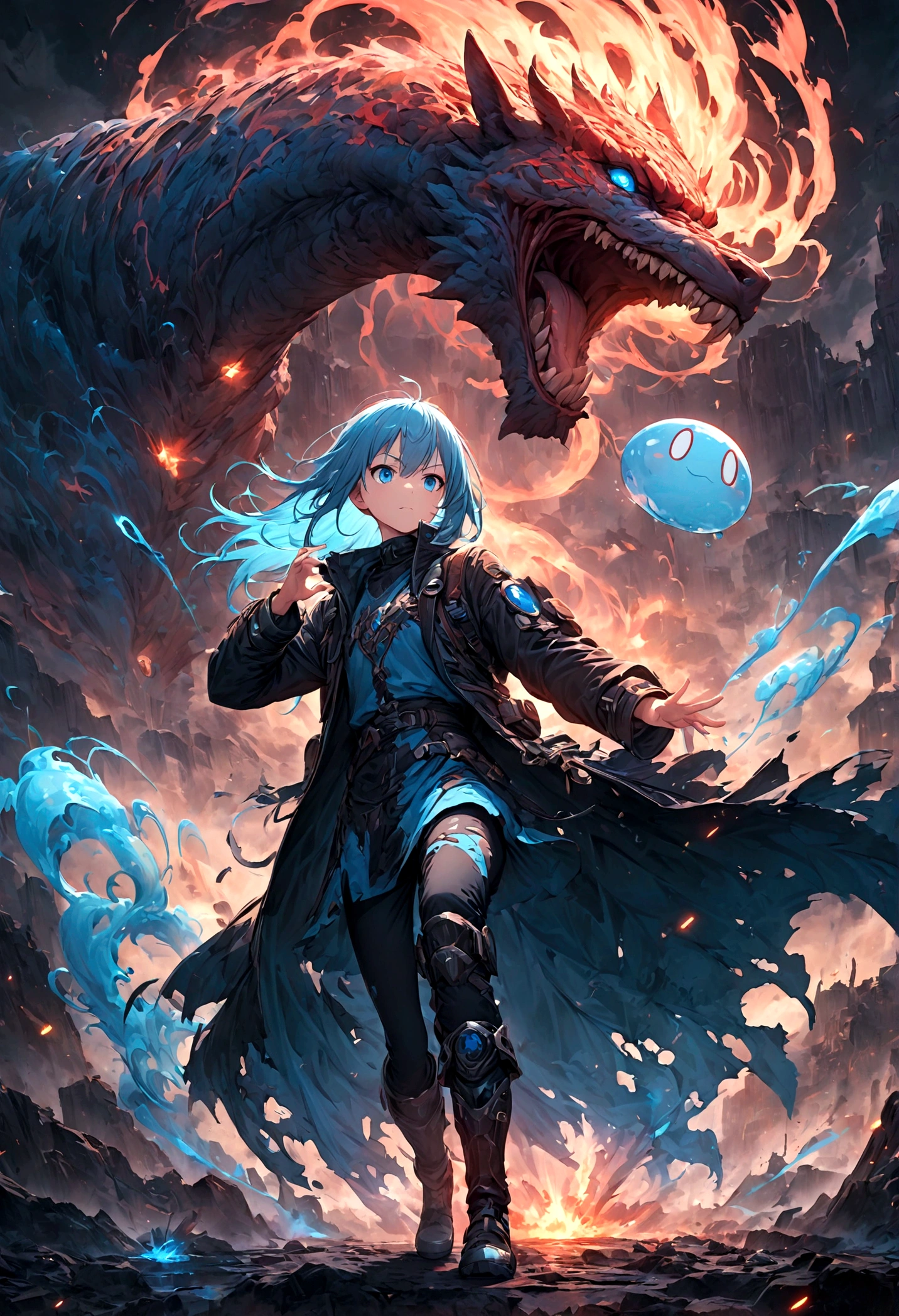 rimuru tempest,Create an action-packed battle scene featuring rimuru tempest from the manga and anime 'That Time I Got Reincarnated as a Slime'. Rimuru has blue hair and blue eyes, He wears stylish combat gear, such as a black coat and boots.. Capturing him in a dynamic fighting pose, You may cast powerful spells or face enemies., With a look of confidence and determination. The background depicts a magnificent battlefield from a fantasy world., Filled with magical effects and war-torn landscapes. Include intense special effects such as light explosions, Energy Wave, And the wind accentuates his magical powers. Highlighting his aura and shapeshifting abilities, Body parts that show slime form. The scene must convey the intensity and drama of an epic battle..,(masterpiece:1.3),(highest quality:1.4),(Super detailed:1.5),High resolution,Very detailed,unity 8k wallpaper,