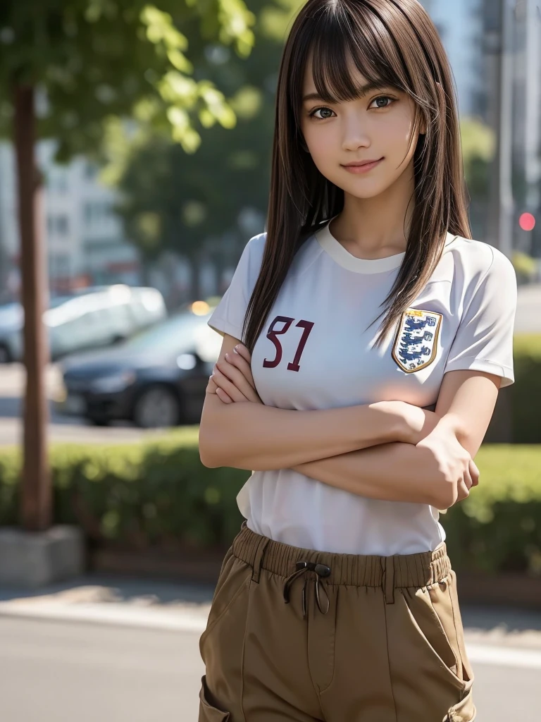 (8k, RAW Photos, highest quality, masterpiece:1.2), (Realistic, photo-Realistic:1.4), (Highly detailed 8k wallpaper), ((Full Body Shot)), (1 girl), Sharp focus, Depth of written boundary, Cinematic lighting, Soft Light, 緻密な美しさのeye, eye_Chan, Very beautiful 17 year old girl, innocent big eyes, Realistic, photo Realistic, Highly detailed cute girl, (Thin thighs), (Model Body Type), 18-year-old, (((England national soccer team jersey))), (Cargo long pants), (((Fold your arms in front of your chest and act arrogantly))), ((A happy smile)), Parted lips, Watching the audience, (On the streets of New York) , (Brown Hair),（Long Bob Hair), (Asymmetrical bangs)