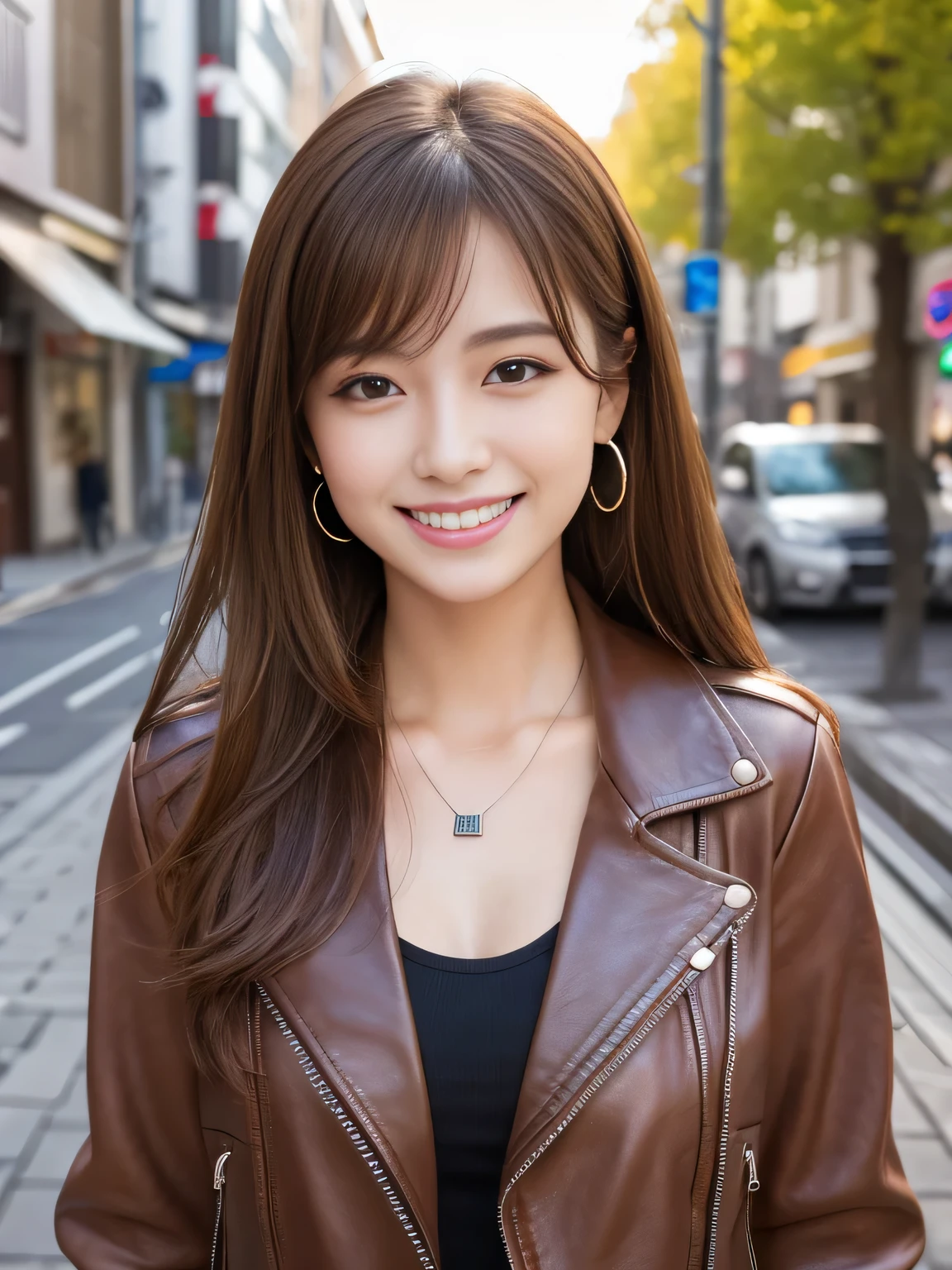 Ultra-high resolution, Superior Quality, highest quality, Very detailed, Realistic, 8k, RAW Photos, highest quality, masterpiece, Attractive girl, Awesome girl, Light brown hair、Shoulder-length layers、 Japanese Idols, Sophisticated, stylish, leather jacket、shirt、smile、Beautiful teeth alignment、ear piercing、Necklace around the neck、