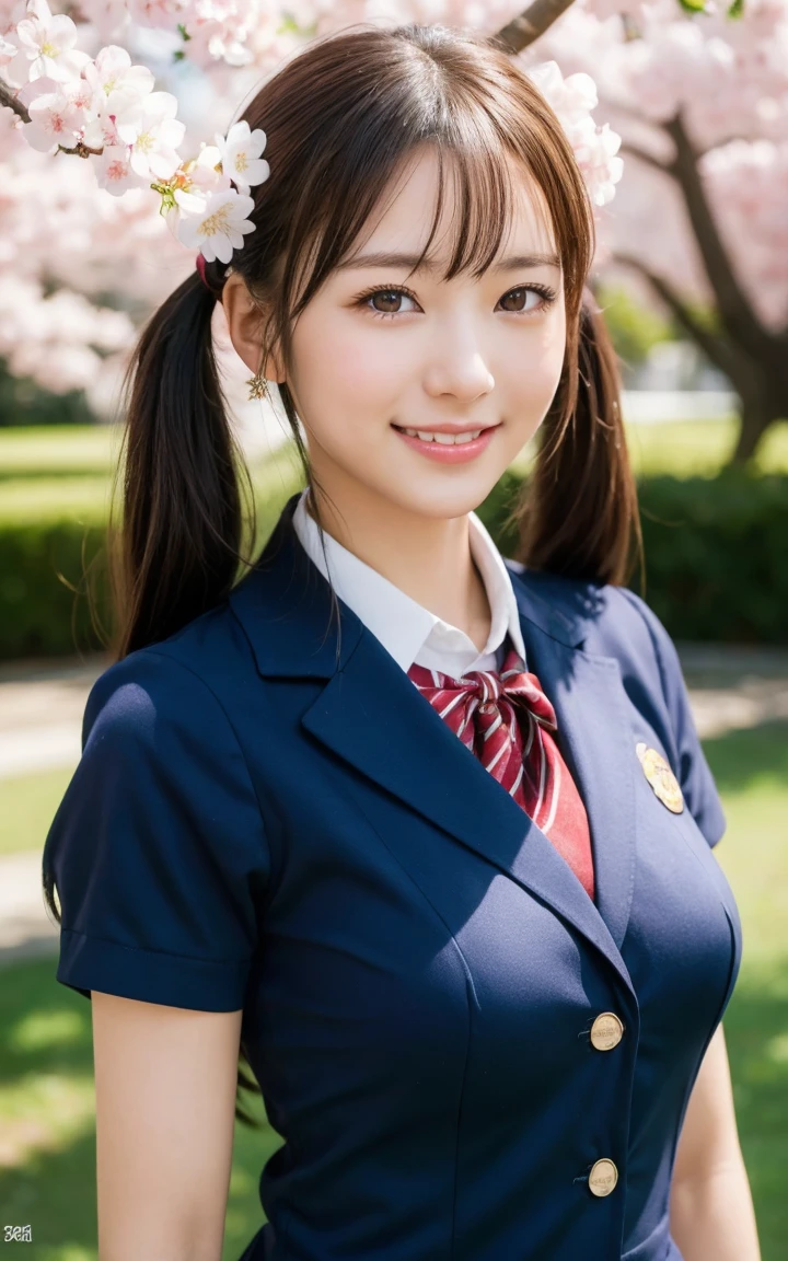 (1 girl), Twin tails, かわいいsmile, Brown eyes, (Very detailed美しい顔), (Japanese High School Uniform:1.2), (highest quality), (Very detailed CG 統合 8k 壁紙), Very detailed, High-resolution RAW color photos, Professional photography, Realistic portraits, evening, Very high resolution, smile, cherry blossoms,7 Head to Body、Natural Breasts
