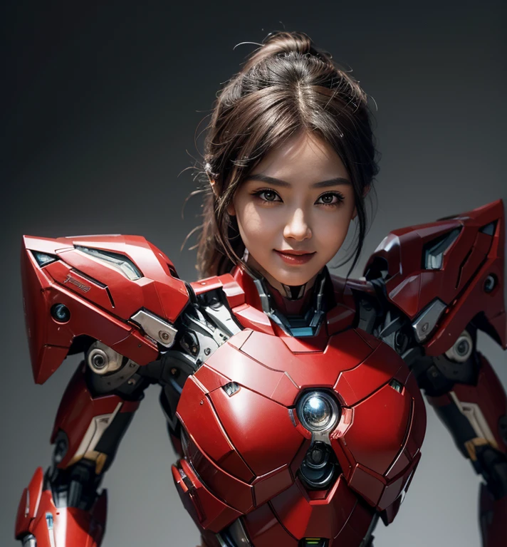 Textured skin, Super Detail, high details, High quality, Best Quality, hight resolution, 1080p, hard disk, Beautiful,(Iron Girl),Beautiful Smile,beautiful cyborg woman,Mecha Cyborg Girl,Battle Mode,Girl with a Mecha Body,She wears an Iron Man mech,A powerful cyborg woman, sleek and futuristic, with advanced mechanical augmentations that enhance her strength and capabilities