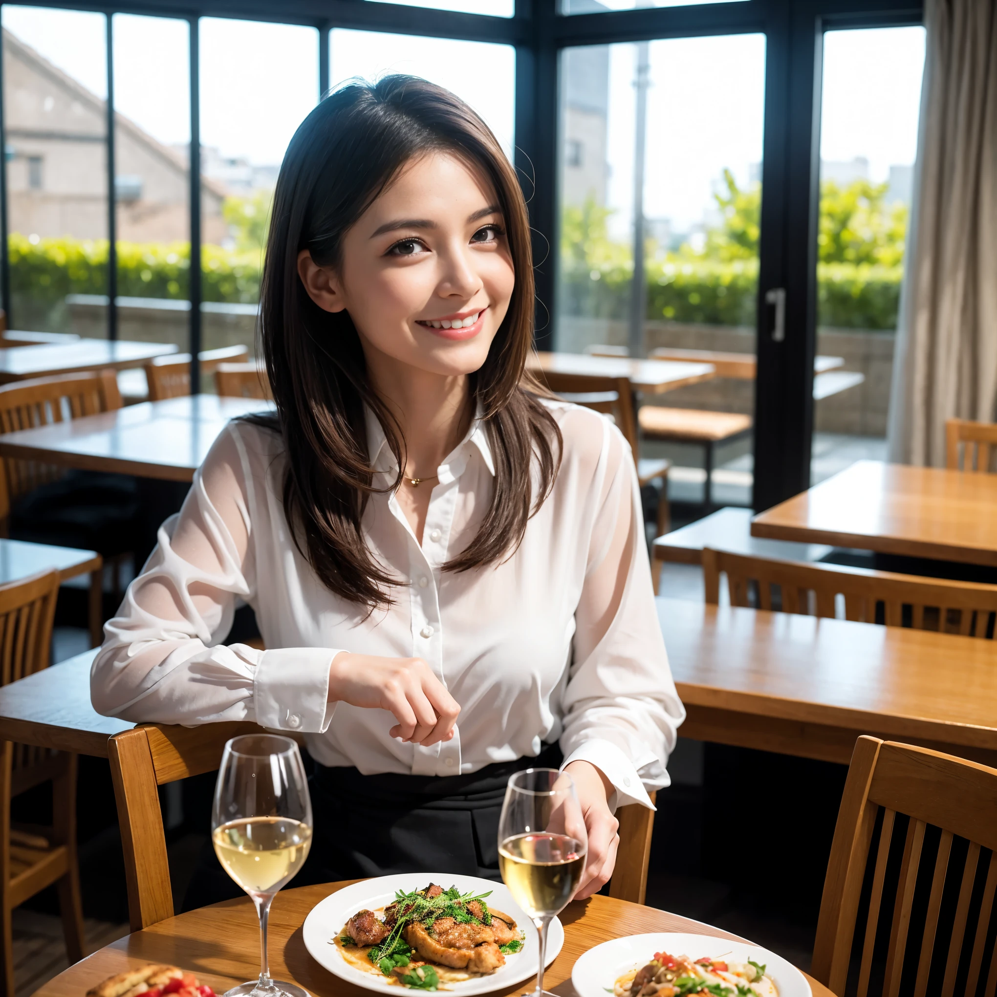 ((highest quality、8k、masterpiece:1.3))、A beautiful woman who looks like Rae Dunn、1 male、1 female、Couple、Spouse、The body is slim、((Bob Hale、Straight hair:1.2)), (Realistic, Intricate details:1.2), full-course dinner、テーブルの上のwine glass、Put the light on your face、 Amazing view of the sunset sky and clouds、A bright smile、The wonderfulness of smile、Bright image、The beauty of wine, Beautiful Face, blue eyes, The light shines on your face, Blushing, short hair,Bright Face、 (Age 44), 43 years old, red wine 、Appetizers、Italian food、Wine bottle、Champagne、sparkling wine、Two beauties、Brown Hair、Shortcuts、Long sleeve shirt、dress、Pretty Woman 1, (slimな顔), (The body is slim), (Brown Hair), (Shortcuts), cheeks turn a little red,Attractive beauty、restaurant, In a prominent place (From the waist up) Nova Frog Style, actress, model, Upper Body, White wine, slim, wine glass, A wine glass placed in the center, smile, (smile: 1.15), Beautiful fine grain, Depth f/2,saturation, High Contrast, Strong light and shadow,Moist Body:1.5、3D texture、Delicate eyes、Brown Hair、The hair is very shiny、