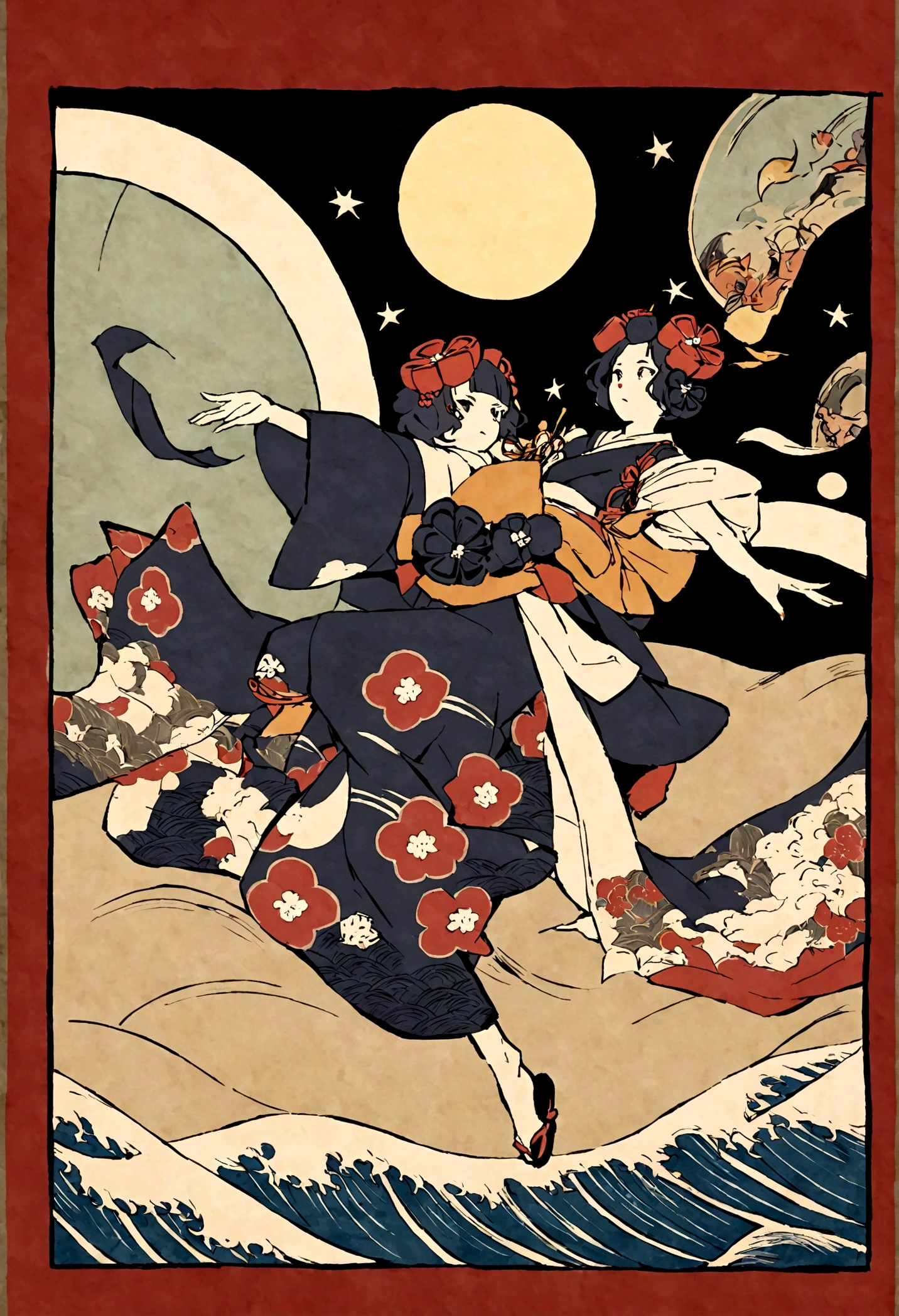 The rough texture of Japanese paper, Hokusai's style, Ukiyo-e, dancing cat girl, (moon viewing), flight, fun and solemn
