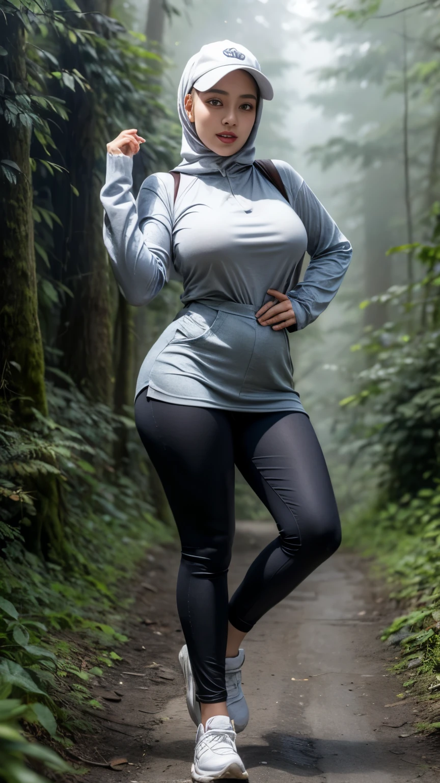 full-body portrait photograph of a young java woman hijab with polo Cap, wearing pinafore with shirt, hotpant with leggings, oversized_breasts.", she is hiking, beautiful_breasts. sensual body, (( in the misty forest mountains)), pullover, highres, 4k, HDR, 1girl, photorealistic, realistic, big booobs, turning away facial at viewer, closeup