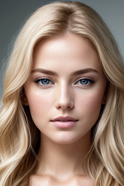 A blond model with porcelain white skin, radiant and flawless, graces the frame in an ultra-realistic depiction. Her hair cascades in golden curls, contrasting vividly against her pristine complexion. Every pore, every freckle, every wrinkle is meticulously captured in exquisite detail, reflecting the uncanny authenticity of the RAW image. The cinematic light illuminates her facial features from the side, casting intriguing shadows and hidden dimensions. The vivid 4k textures and crisp sharp focus reveal her flawless features, ensuring a masterpiece that leaves no detail untouched.