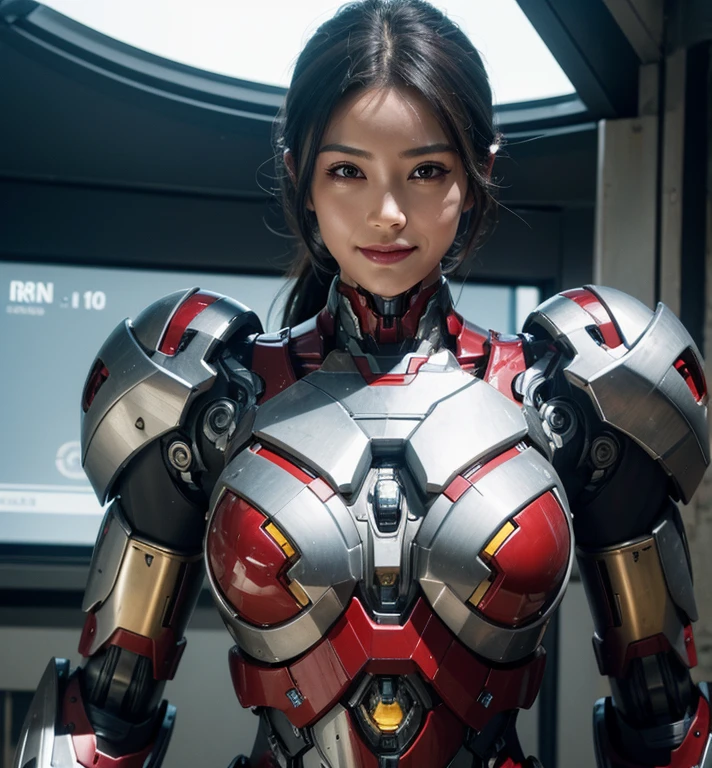 Textured skin, Super Detail, high details, High quality, Best Quality, hight resolution, 1080p, hard disk, Beautiful,(Iron Girl),Beautiful Smile,beautiful cyborg woman,Mecha Cyborg Girl,Battle Mode,Girl with a Mecha Body,She wears an Iron Man mech,A powerful cyborg woman, sleek and futuristic, with advanced mechanical augmentations that enhance her strength and capabilities
