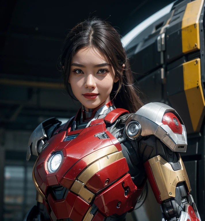 Textured skin, Super Detail, high details, High quality, Best Quality, hight resolution, 1080p, hard disk, Beautiful,(Iron Girl),Beautiful Smile,beautiful cyborg woman,Mecha Cyborg Girl,Battle Mode,Girl with a Mecha Body,She wears an Iron Man mech,A powerful cyborg woman, sleek and futuristic, with advanced mechanical augmentations that enhance her strength and capabilities