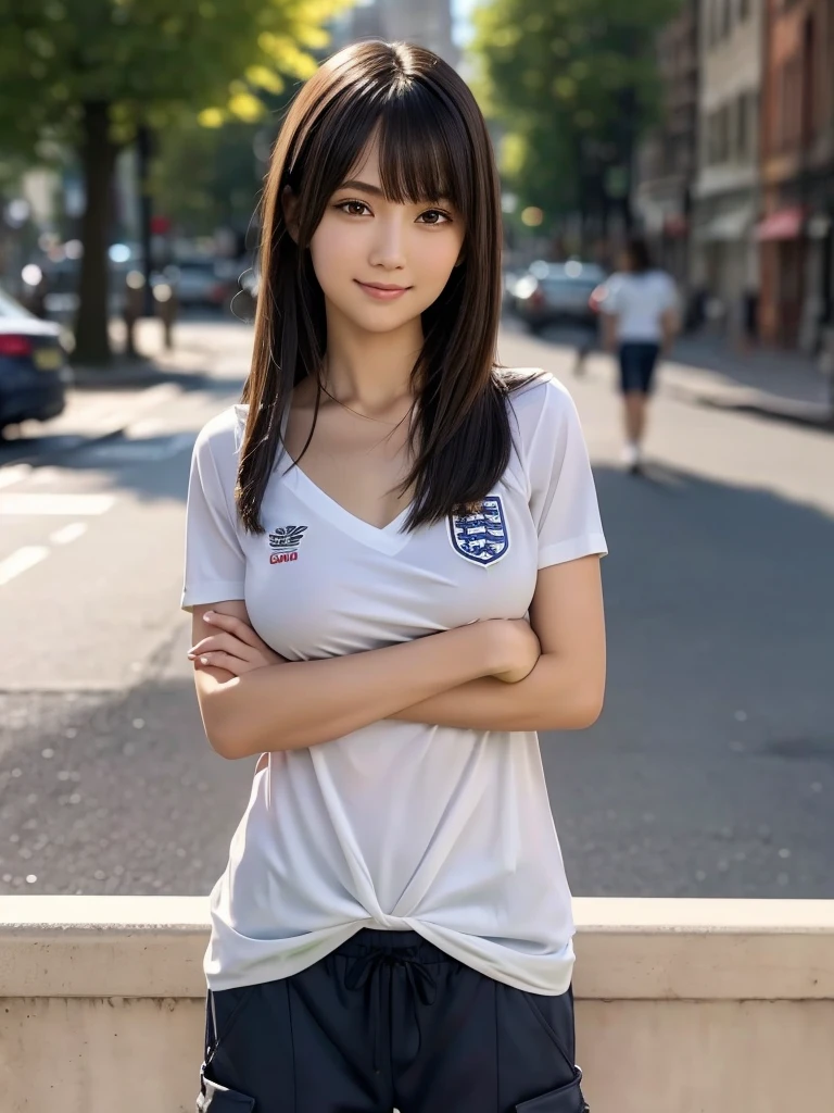 (8k, RAW Photos, highest quality, masterpiece:1.2), (Realistic, photo-Realistic:1.4), (Highly detailed 8k wallpaper), ((Full Body Shot)), (1 girl), Sharp focus, Depth of written boundary, Cinematic lighting, Soft Light, 緻密な美しさのeye, eye_Chan, Very beautiful 17 year old girl, innocent big eyes, Realistic, photo Realistic, Highly detailed cute girl, (Thin thighs), (Model Body Type), 18-year-old, (((England national soccer team jersey))), (Cargo long pants), (((Fold your arms in front of your chest and act arrogantly))), ((A happy smile)), Parted lips, Watching the audience, (On the streets of New York) , (Brown Hair),(Long Bob Hair), (Asymmetrical bangs)