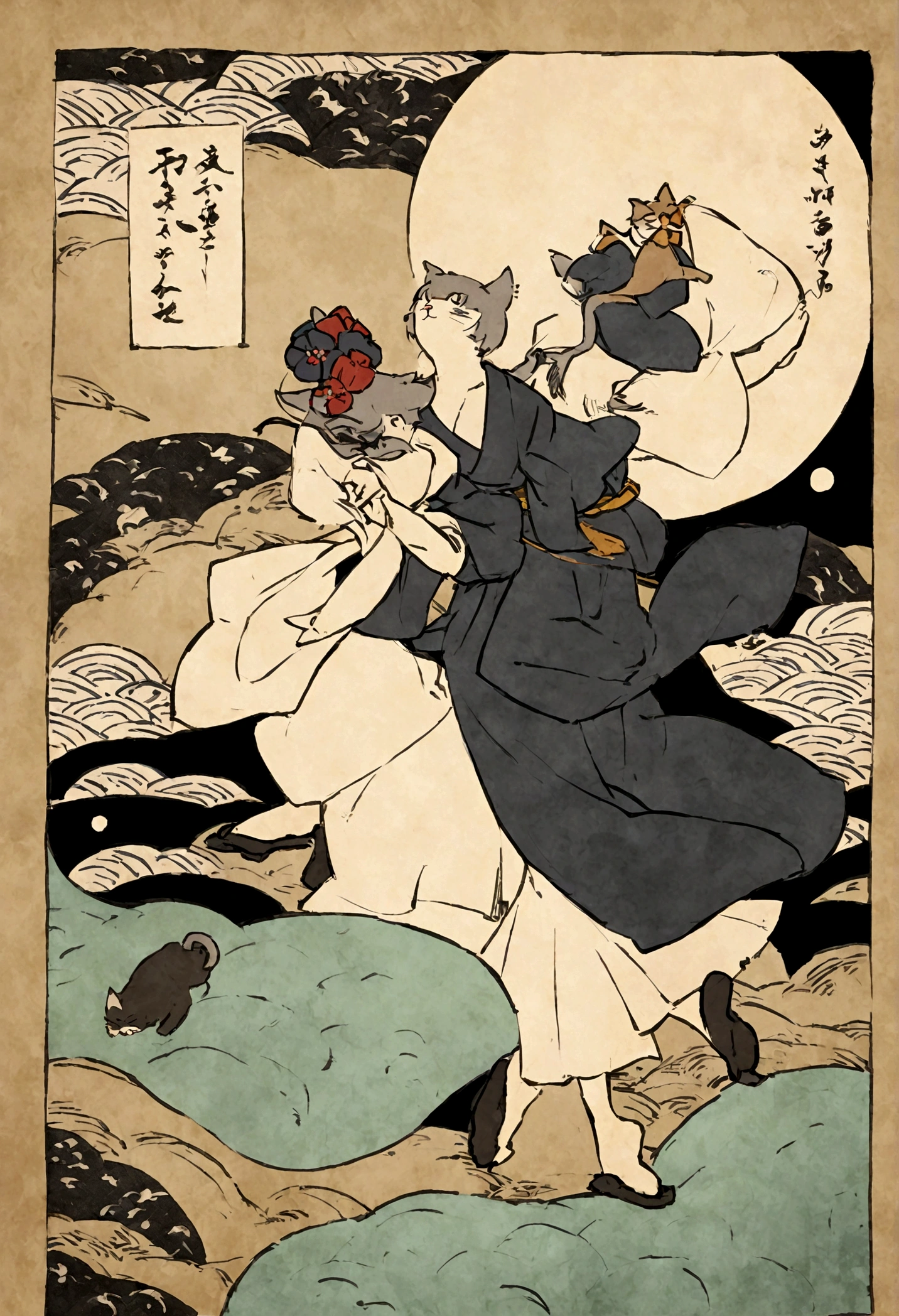 Ukiyo-e, rough texture of Japanese paper, aged, Hokusai style, dancing cat girl, (moon viewing), flight, fun, solemn