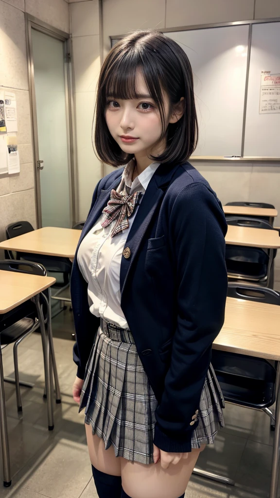 masterpiece, best quality, illustration, Super detailed, fine details, High resolution, 8K,wall paper, perfect dynamic composition,(Details High quality, realistic depiction of eyes:1.3), from side, High School Classroom、High school girl uniform、blazer 、Super Short Check Uniform Skirt、Navy blue high socks、garterbelts、Colossal tits、Disturbed uniform,  short bob hair, black hair color, huge breasts, Big Natural Color Lip, bold sexy pose, (perfect body shape), crying a little、Harajuku style、20 year old girl、 beautiful legs, hposing Gravure Idol, Voluptuous thighs