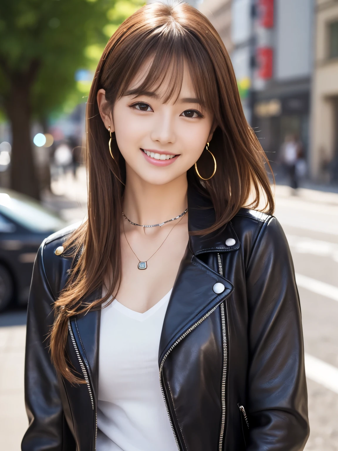 Beautiful young woman of the year、 Korean women、Light brown hair、Necklace around the neck、leather jacket、shirt、smile, Beautiful teeth alignment、Intricate details, Very detailed:1.2), 、 Looking into the camera,The background is the town、Ear piercing
、Ear piercing