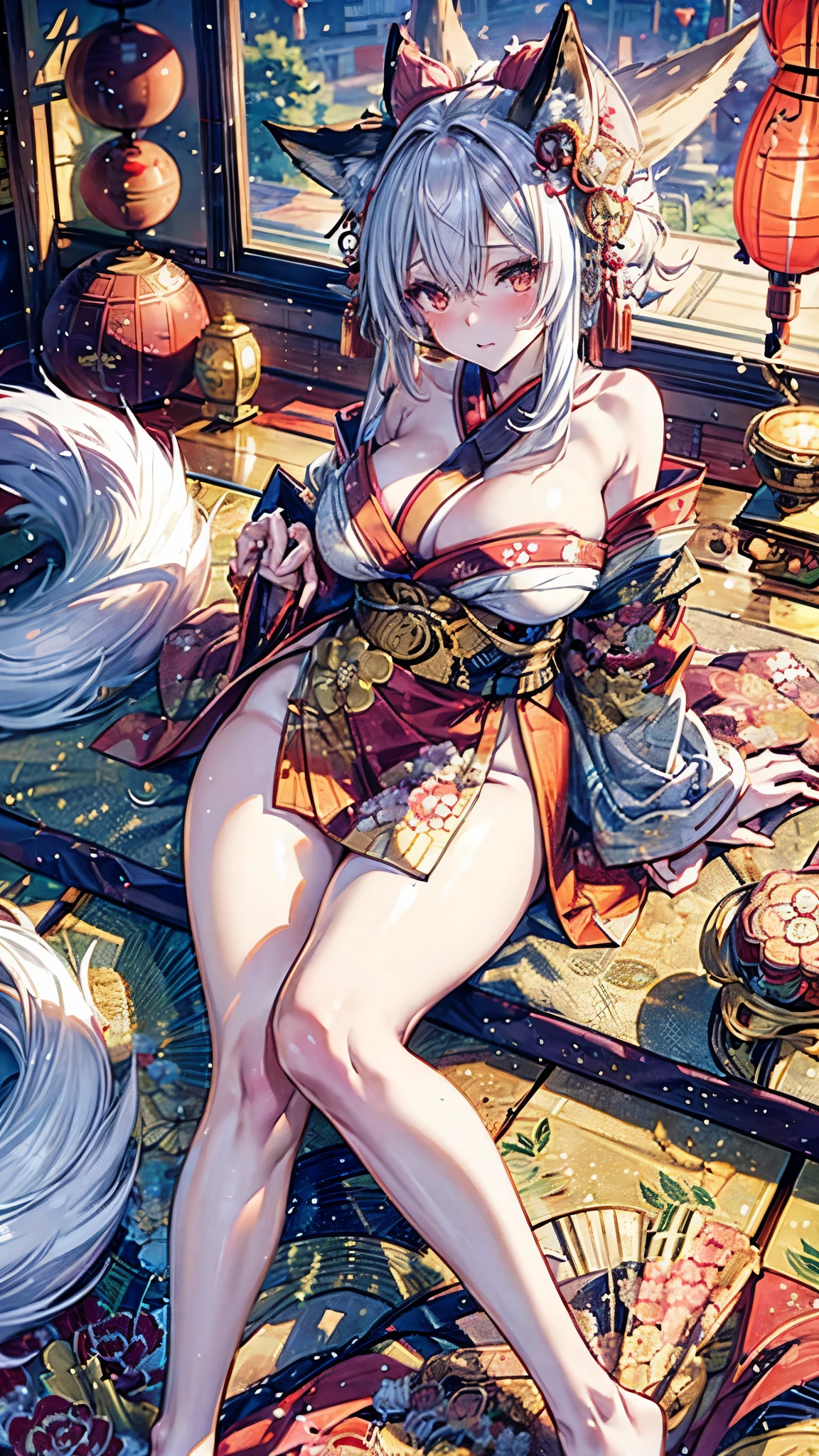 fox girl,3tail,fox ear on head,white hair,slender leg,oiran,kimono,big breasts,have one's shoulders exposed,blush,futon,sit,spread leg,A man is rubbing her breasts from behind.