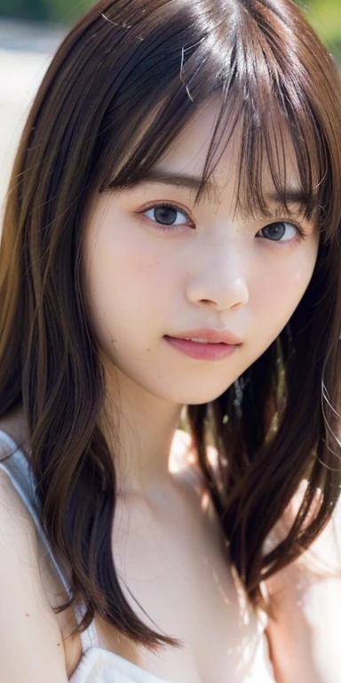 (RAW Photos, highest quality), (Realistic, Photorealistic:1.3), Tabletop, Very delicate and beautiful, Soft Light, (Brown Hair, Long wavy hair swaying in the wind, Asymmetrical bangs), Beautiful detailed girl, (Detailed fingers), Highly detailed eyes and face, Beautifully detailed nose, Beautiful fine details, 1 girl, Japanese, Pure beauty, cute, young, smile, Naked beautiful girl、Small breasts、Flat Chest、Small nipples、Beautiful nipples、Small areola、Heterochromia iridis、Realistic face, Realistic body, Outdoor