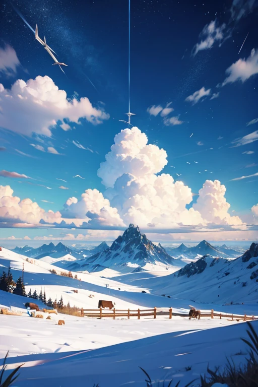 Cattle landscap、Pasture、a few big birds flying、Large clouds、blue open sky、Hot weather、HD Detai、Hyper-detailing、movie、surrealism、Soft light、Deep field focus bokeh、Snowy mountains in the distance、Ray traching、surrealism。 --v6
