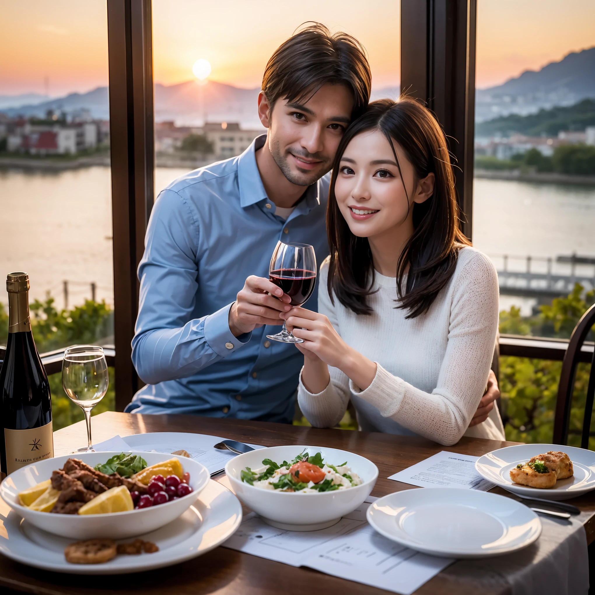 ((highest quality、8k、masterpiece:1.3))、 (Realistic, Real、Bright image、Intricate details:1.2), 1 male 1 female、Kimura Fumino-like beautiful couple、lover、couple、spouse、Beautiful couple、Happy smile、full-course dinner、 (Slim face), (Slim Body), (Brown Hair), (Short Hair), テーブルの上のwine glass、Please put light on my face、 Amazing view of the sunset sky and clouds、 (Age 35), 39 years old, red wine 、Appetizers、Wine bottle、sparkling wine、Long sleeve shirt、dress、White wine, red wine, wine glass,