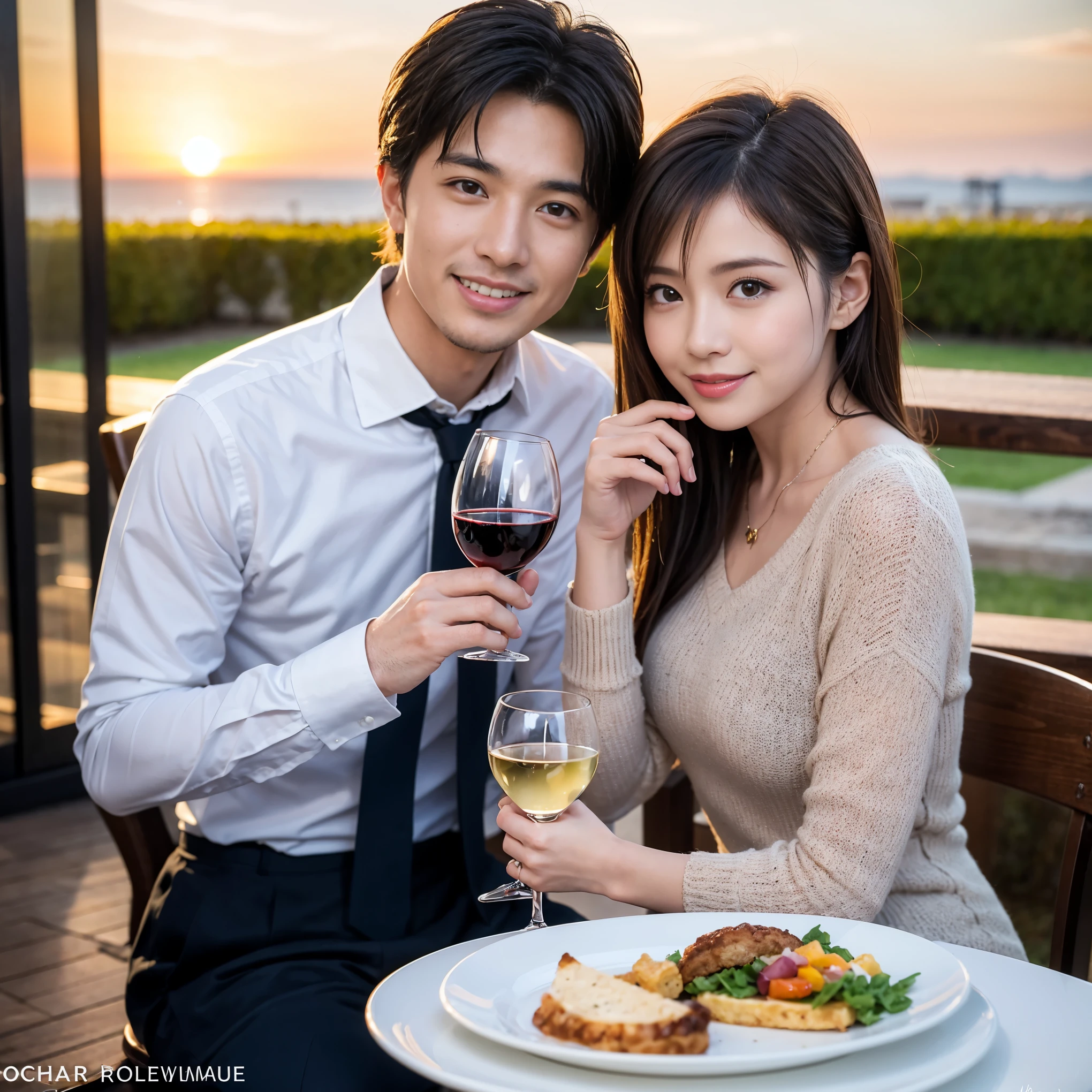 ((highest quality、8k、masterpiece:1.3))、 (Realistic, Real、Bright image、Intricate details:1.2), 1 male 1 female、Kimura Fumino-like beautiful couple、lover、couple、spouse、Beautiful couple、Happy smile、full-course dinner、 (Slim face), (Slim Body), (Brown Hair), (Short Hair), テーブルの上のwine glass、Please put light on my face、 Amazing view of the sunset sky and clouds、 (Age 35), 39 years old, red wine 、Appetizers、Wine bottle、sparkling wine、Long sleeve shirt、dress、White wine, red wine, wine glass,