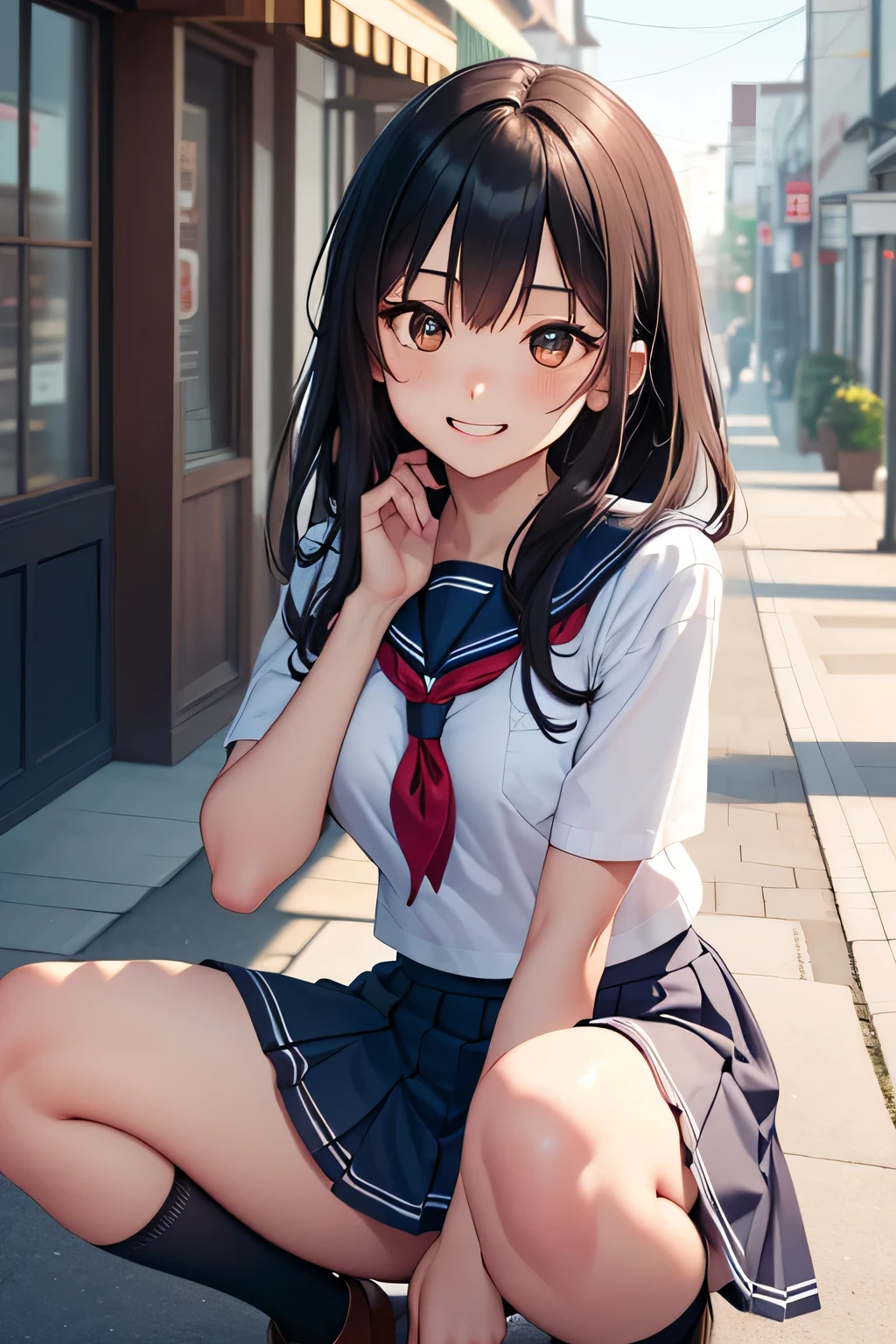 (超High resolution,4K,Very detailed, photograph, 8k, High resolution, High resolution, Absurd:1.2),18 year old Japanese female,expensive,Long black hair,Beautiful character design,Beautifully detailed eye depiction,Perfect Face,Expressive eyes,Brown eyes,Please smile with your teeth showing,(Short sleeve, Cute white sailor suit, Dark blue pleated skirt, Navy sailor collar, Sailor scarf, socks, Brown Loafers:1.1),(Don&#39;t tuck your sailor uniform into your skirt:0.5),(Huge breasts:1.2),(See-through bra:0.3),Tight waist,In the living room,Daytime,Cowboy Shot