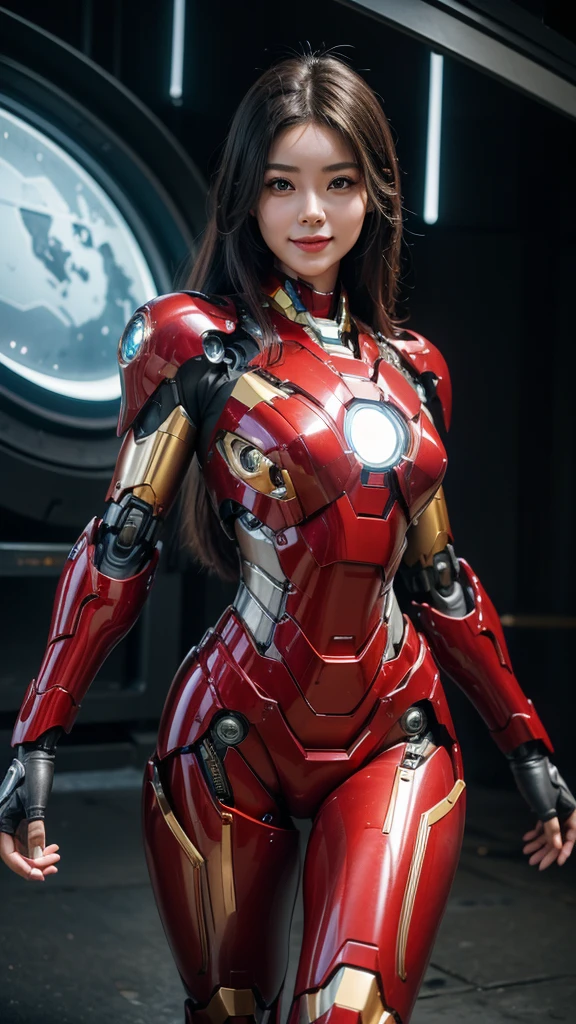 Textured skin, Super Detail, high details, High quality, Best Quality, hight resolution, 1080p, hard disk, Beautiful,(Iron Girl),Beautiful Smile,beautiful cyborg woman,Mecha Cyborg Girl,Battle Mode,Girl with a Mecha Body,She wears an Iron Man mech,A powerful cyborg woman, sleek and futuristic, with advanced mechanical augmentations that enhance her strength and capabilities