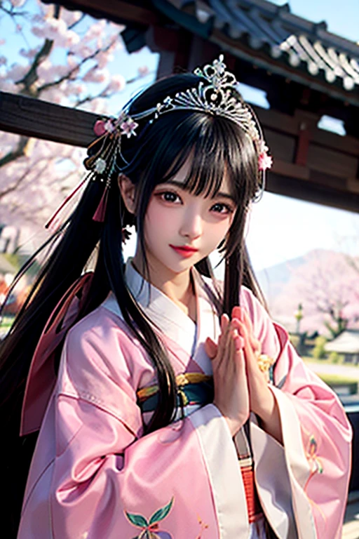 goddess 12unlined kimono The color is lustrous upright Joining hands in prayer looking at the camera Background is cherry blossoms Front view tiara Upper Body big
