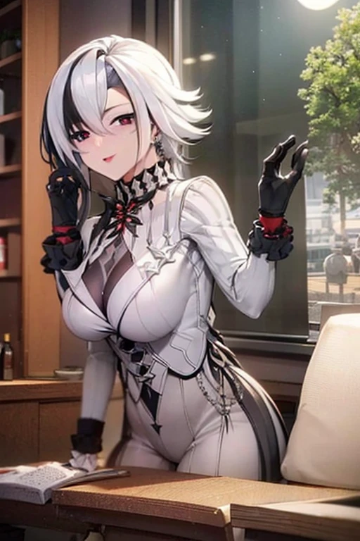 masterpiece,best quality,Extremely detailed,Very detailed illustrations,Very detailed,Intricate details,High resolution,超级Intricate details,Very detailed 8k cg wallpaper, monochrome, Caustic lines,reflection,Ray tracing,1 Girl,Super detailed face, Extremely detailed eyes, beautiful eyes, High resolution eyes, Solitary, white hair, Black Hair, Colorful hair, black eyes, X-shaped pupil, Gloves, Upper Body, Jewelry, looking at the audience, sign, Solitary, sit, (Coffee Shop room:1.4), (Low light, The moonlight is dark, night, city View), Coffee Shop, Shut up, No smile, (front camera, Front view, From the front, in front:1.2), pov in front, pov in front her, Looking ahead