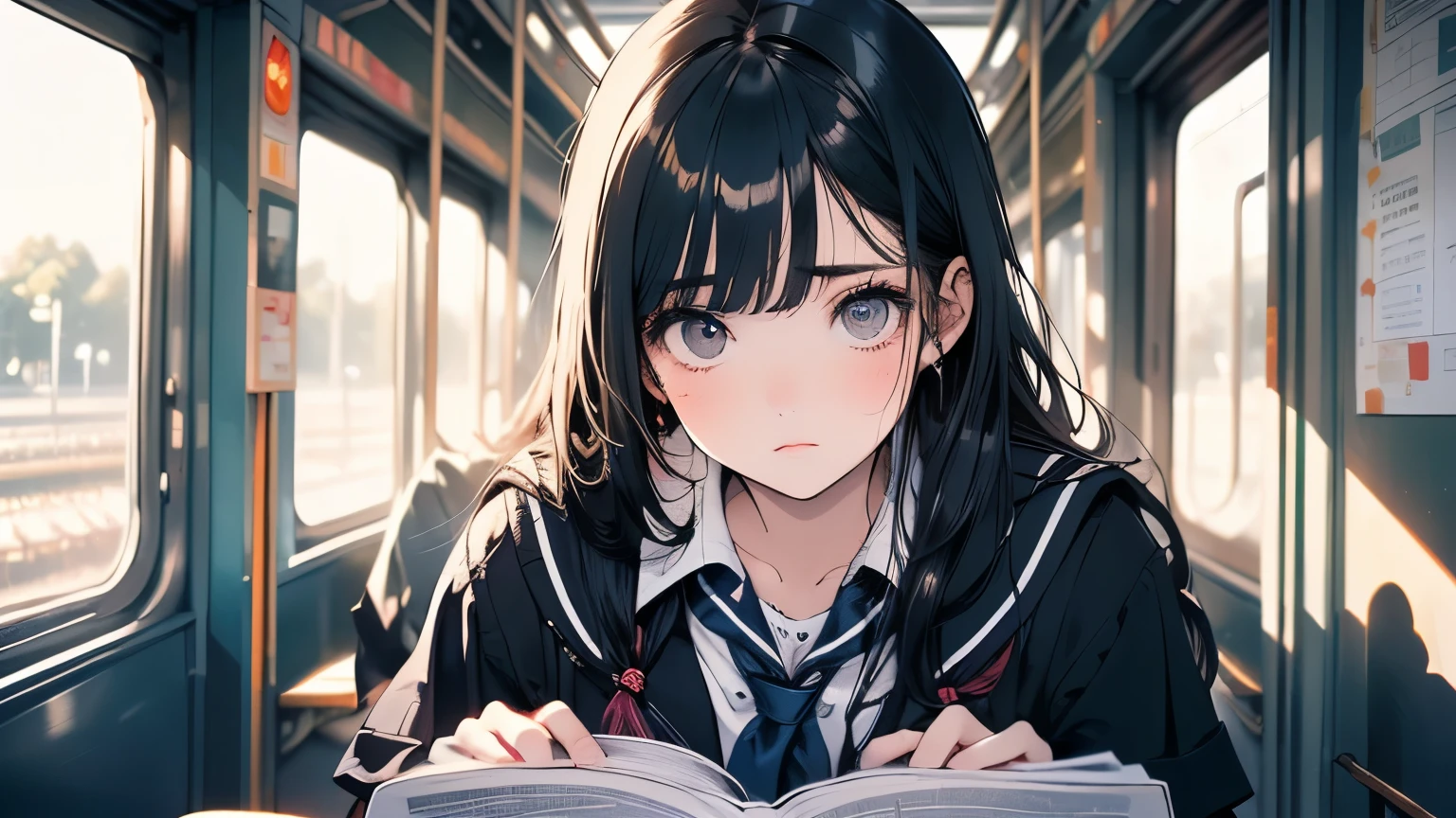 ((Beautiful schoolgirl:1.5),High resolution, highest quality),Wearing a sailor uniform,Super detailed, Big bright eyes, dark and brilliant curly hair, Sad look, Rosy Cheeks, Soft Light, Pure white background.  riding a train,Reading a book,whole body,Attractive legs,whole body