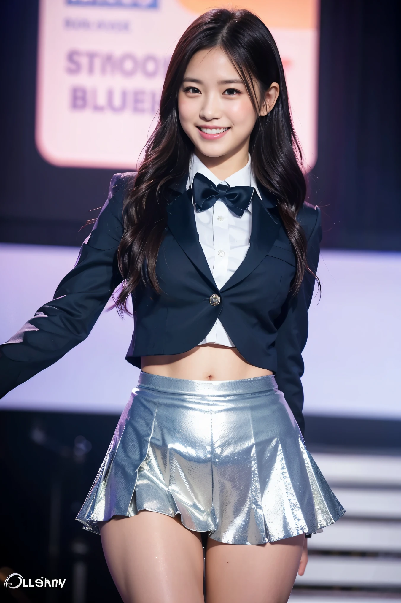 ecstasy、translucent、肌に張り付いて身体のシルエットが判る襟付きのセーラー服'S字型のようなピンクと赤のボディSーツ、ribbon、Sailor hat、super cute girl、10th generation、Part of an idol group、At concerts「ザ☆ピ〜S!」dancing、Open your legs and place your left hand on your hip、Right hand salutes with two fingers、Euphoric look、sweating、hair is moving、orgasm、Viewer's perspective、