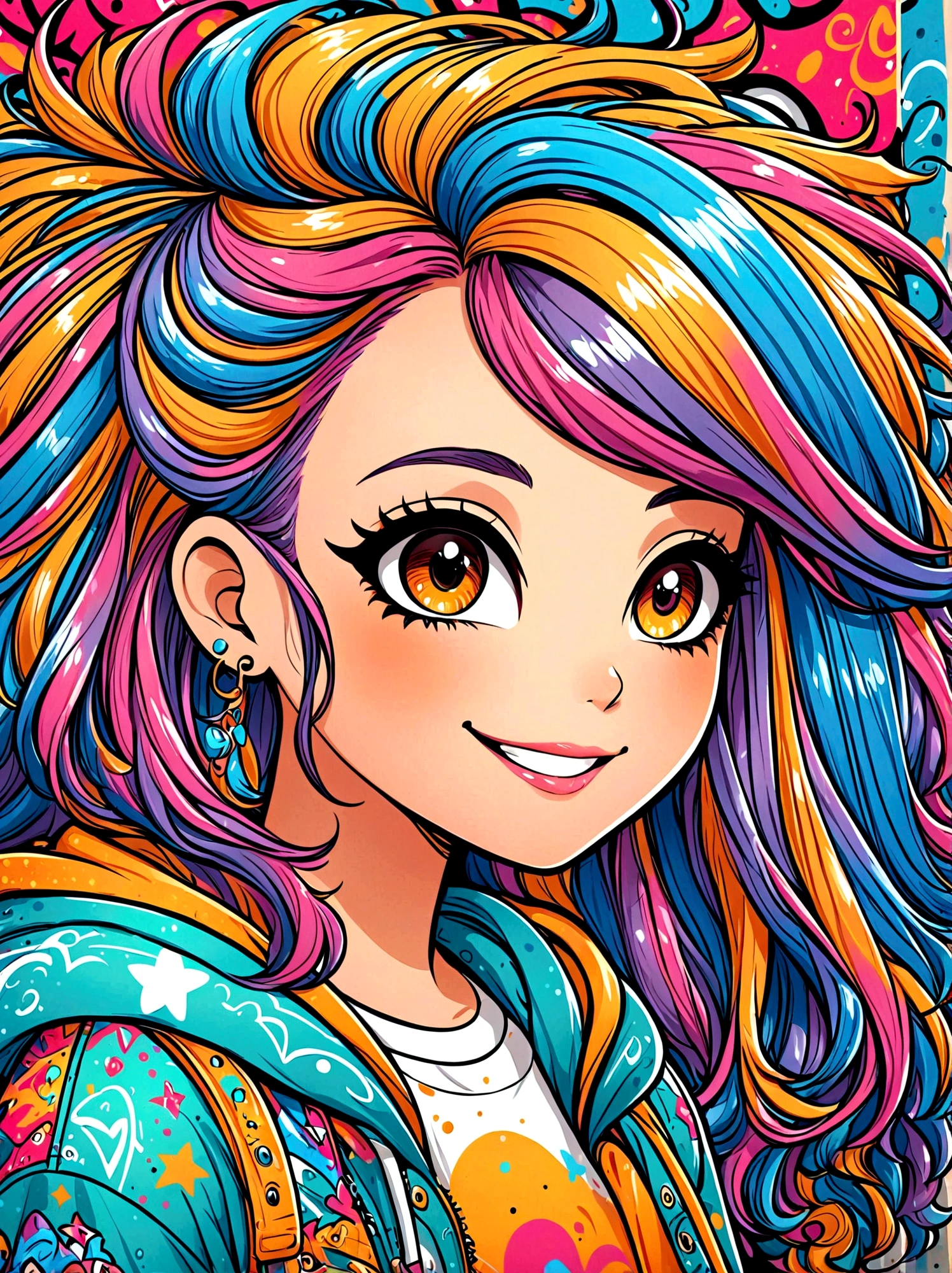 （masterpiece，Best quality：1.2），Graffiti style，Cartoon Characters，Vector illustration，1girl，solo，Portrait close-up，side，Large and expressive eyes，Friendly Smile，Gorgeous clothes，Colorful hair，Unique and wild hairstyle，站在Graffiti style的背景前，Add whimsy to the scene，1kexx1