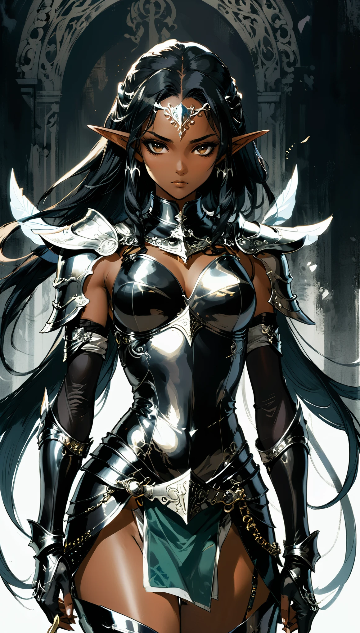 (in style of Ashley Wood:0.9),
1girl,dark skin,elven ears,(dark elf:1.1),flat chest,darkness,Magician in armor,(action,Expressive facial expressions and movements, Dynamic Action:1.8),The expression of looking down on the world
BREAK
(black baroque armor:1.1),(full body armor:1.2),solid muscles,ultra-clear,
guro,sketch,1980s anime,
