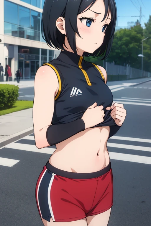 highest quality,NSFW,Tight athletics uniform,belly button,(((Mature Woman1.3,Shyness,Small breasts))),Red face,short hair,Black Hair,Outdoor,on the road,(Areola),downtown,crowded,Fat,