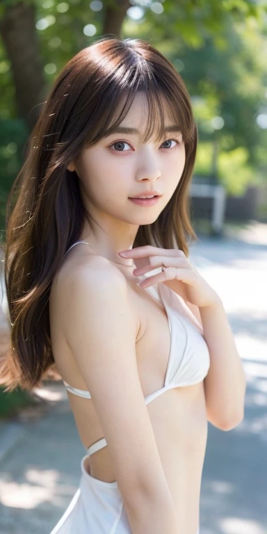 (RAW Photos, highest quality), (Realistic, Photorealistic:1.3), Tabletop, Very delicate and beautiful, Soft Light, (Brown Hair, Long wavy hair swaying in the wind, Asymmetrical bangs), Beautiful detailed girl, (Detailed fingers), Highly detailed eyes and face, Beautifully detailed nose, Beautiful fine details, 1 girl, Japanese, Pure beauty, cute, young, smile, Naked beautiful girl、Small breasts、Flat Chest、Small nipples、Beautiful nipples、Small areola、Heterochromia iridis、Realistic face, Realistic body, Outdoor