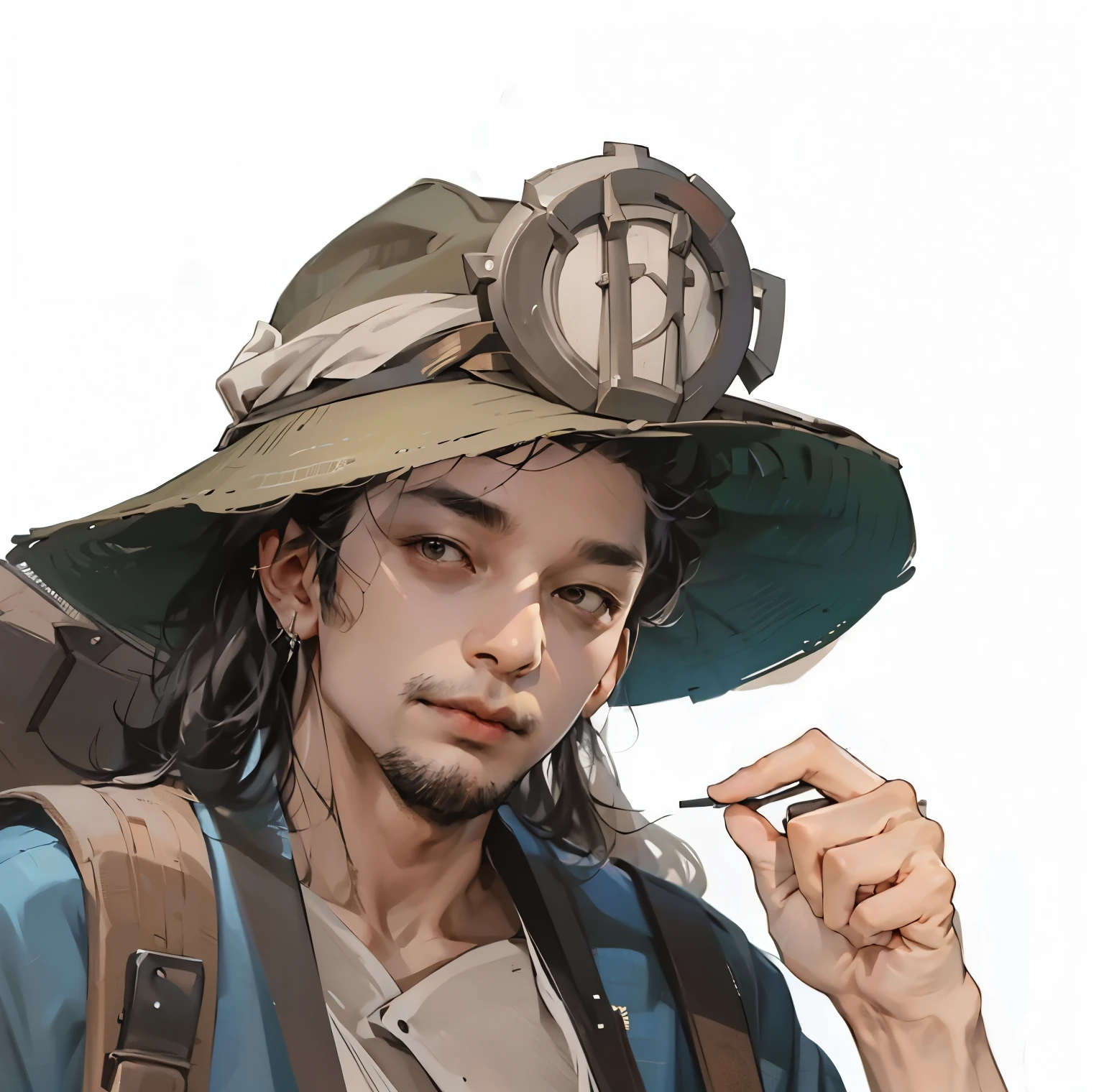 high quality, ，Meticulous portrayal，Clear structure，Clear structure的，Precise construction，，，cloth，Refinement.clean brush stroke，Explorer，A middle-aged man，Headband expedition hat，Carrying a large backpack，open mouth