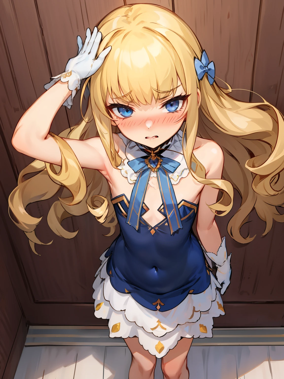 eqlc, 1girl, long hair, solo,  naked body, evening dress(ornate dress), long dress, blonde hair, blue eyes, white gloves,lovely small breasts, flat chest, bow, bangs, covered navel, detached collar, a weary face,parted lips, nose blush, blush,facing viewer, looking at viewer, in the livingroom, wall, kabedon pov, kabedon against wall, standing, ,1boy, shoulders grab, top view 